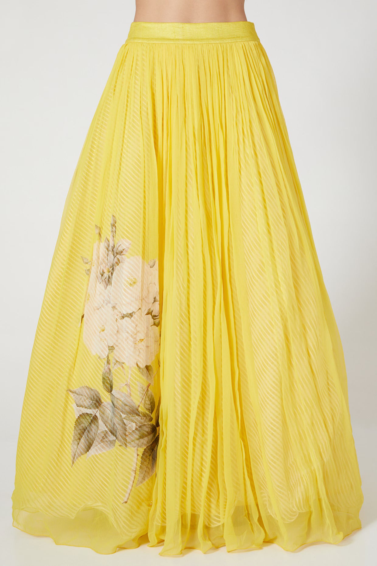 Sunshine Yellow Leather-Work Lehenga & Floral Dupatta Set