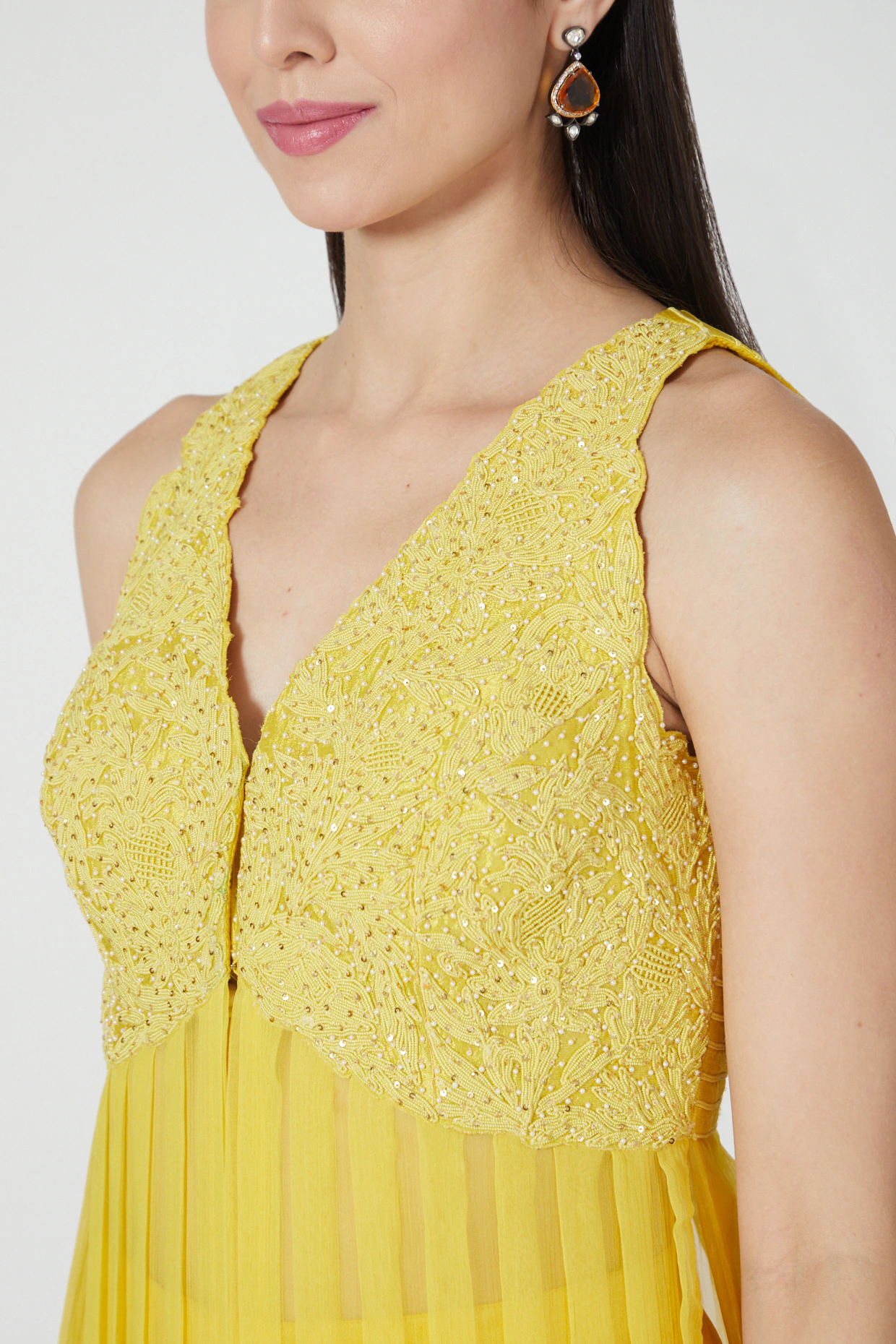 Sunshine Yellow Embellished Floral Pleated Tunic Set