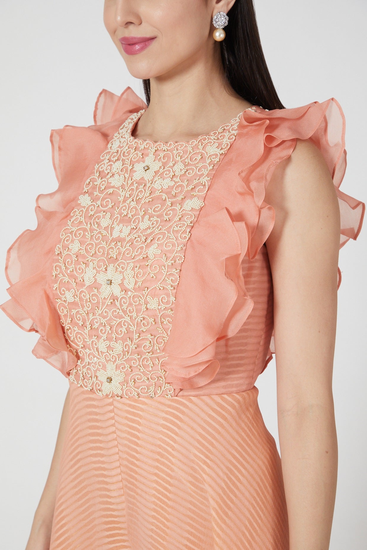 Soft Peach Embroidered Ruffle Jumpsuit