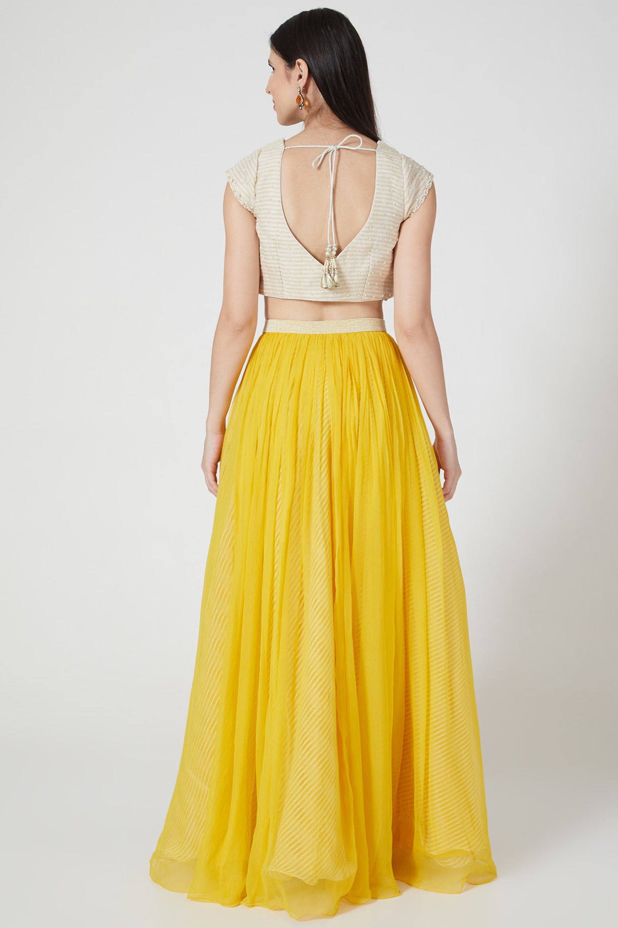 Ivory Pearl Embellished Blouse & Sunshine Yellow Lehenga Set