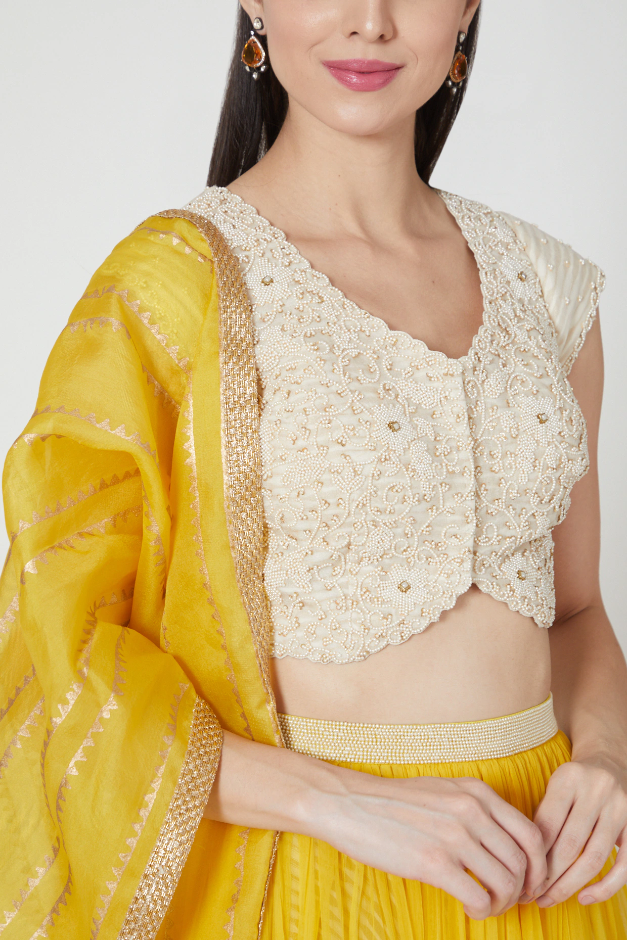 Ivory Pearl Embellished Blouse & Sunshine Yellow Lehenga Set