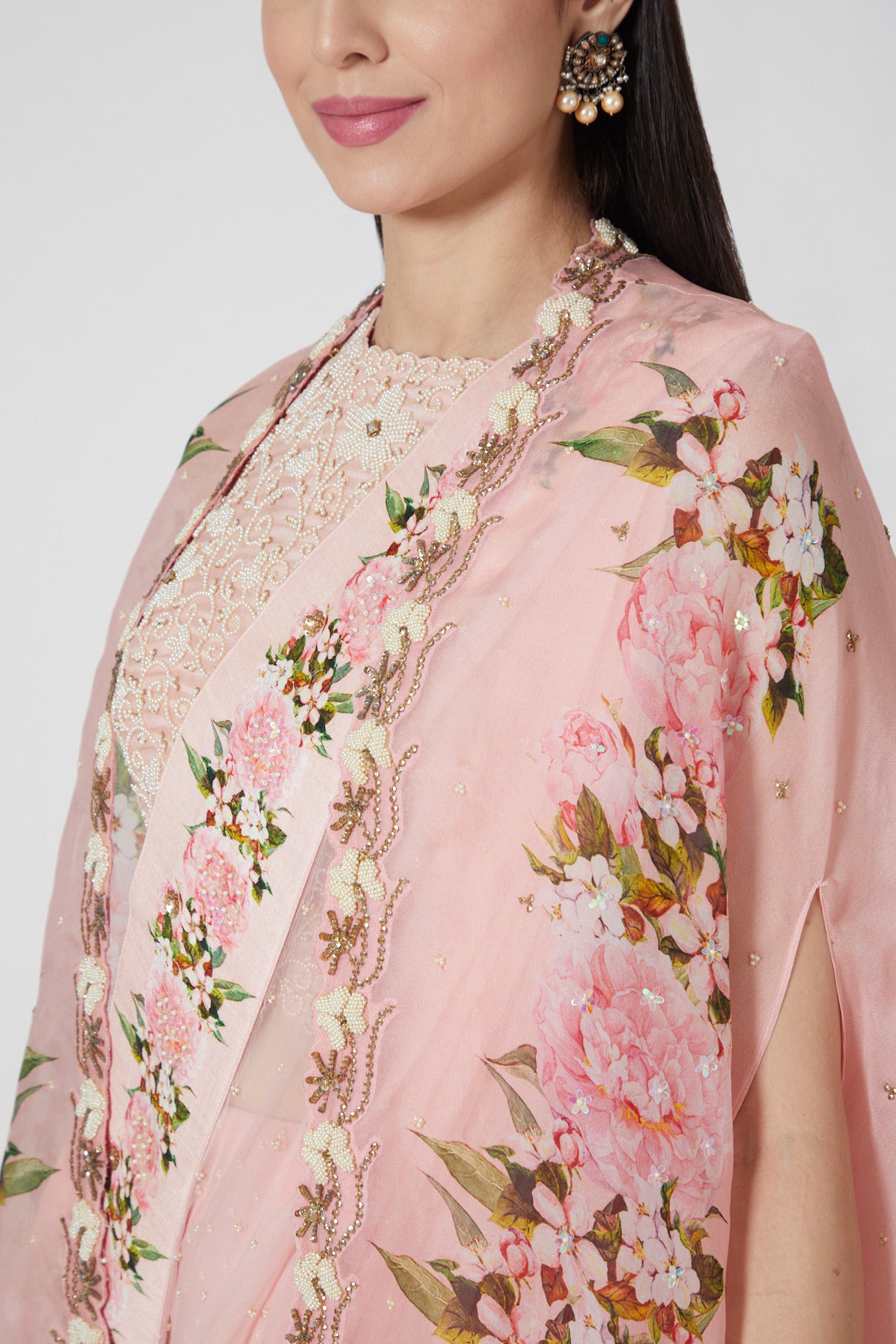 Blush Pink Floral Cape & Pre-Draped Sharara Set