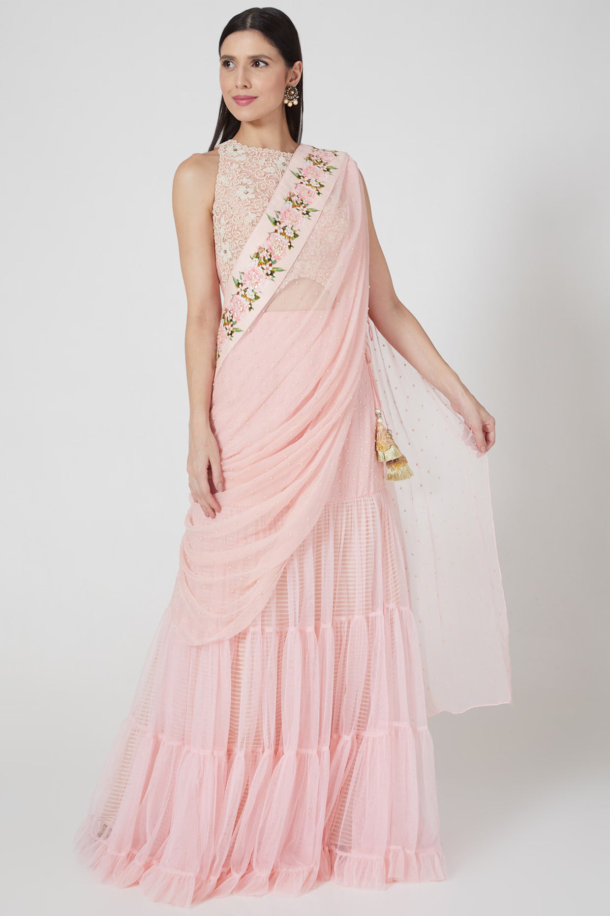 Blush Pink Floral Cape & Pre-Draped Sharara Set