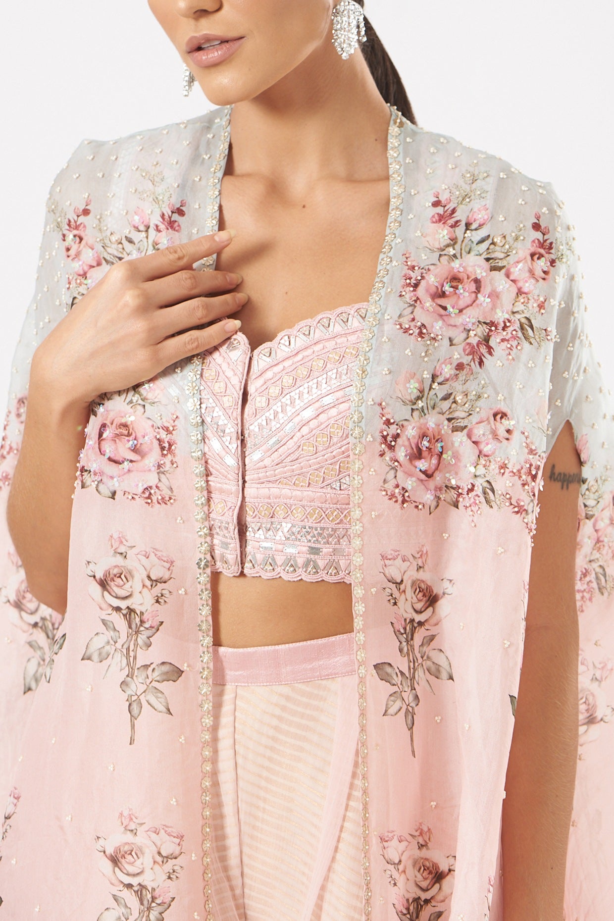 Blush Pink Raw Silk Printed Cape Set