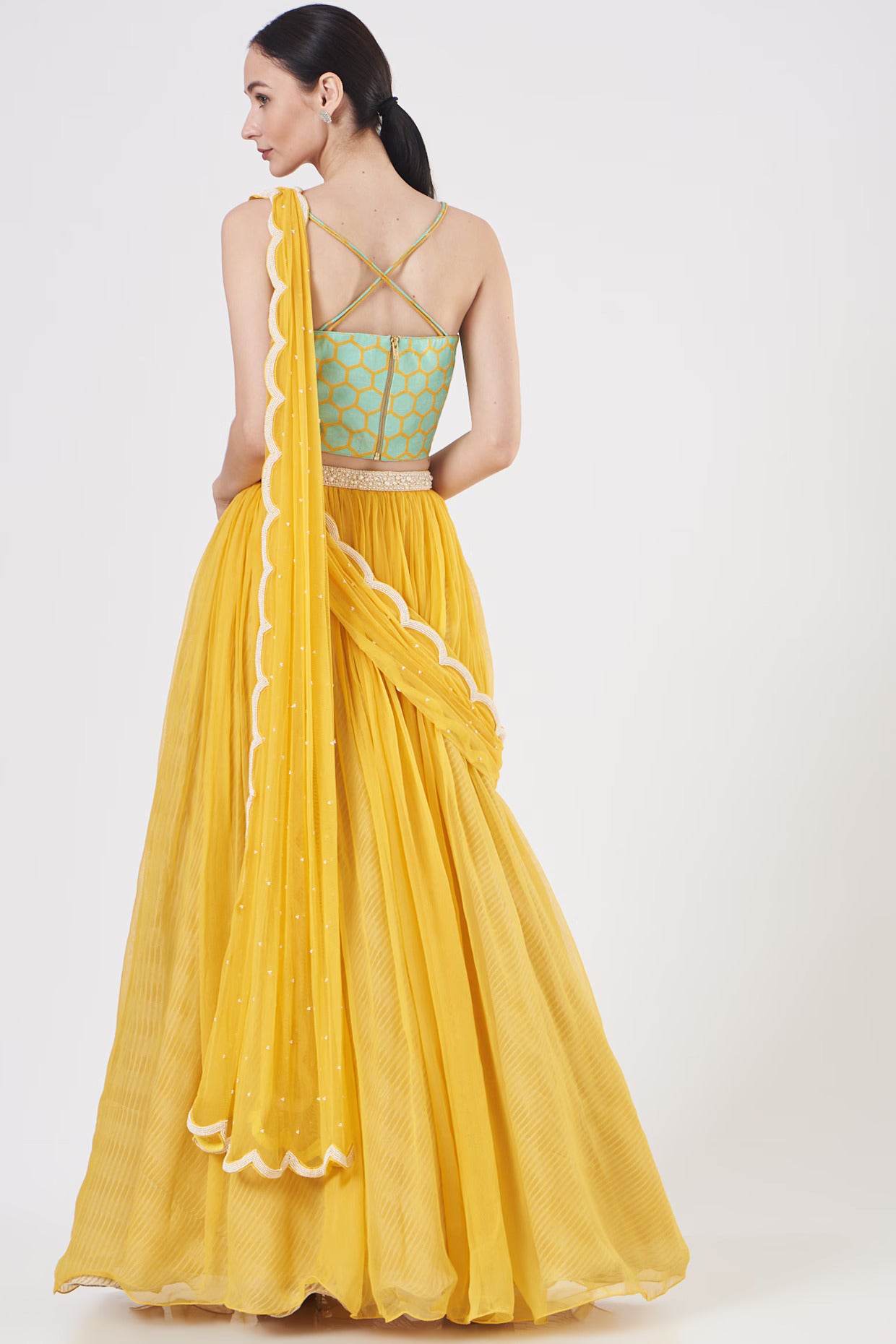 Sunshine Yellow & Aqua Pre-Draped Lehenga Set