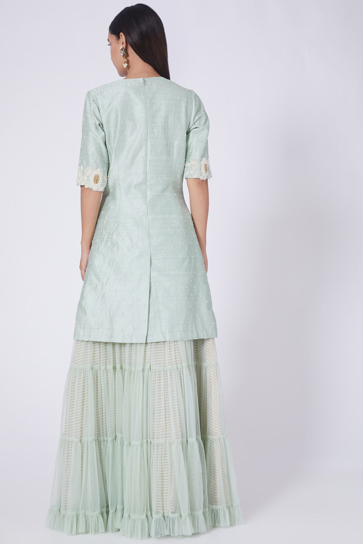 Pale Mint Embroidered Kurta & Tiered Sharara Set