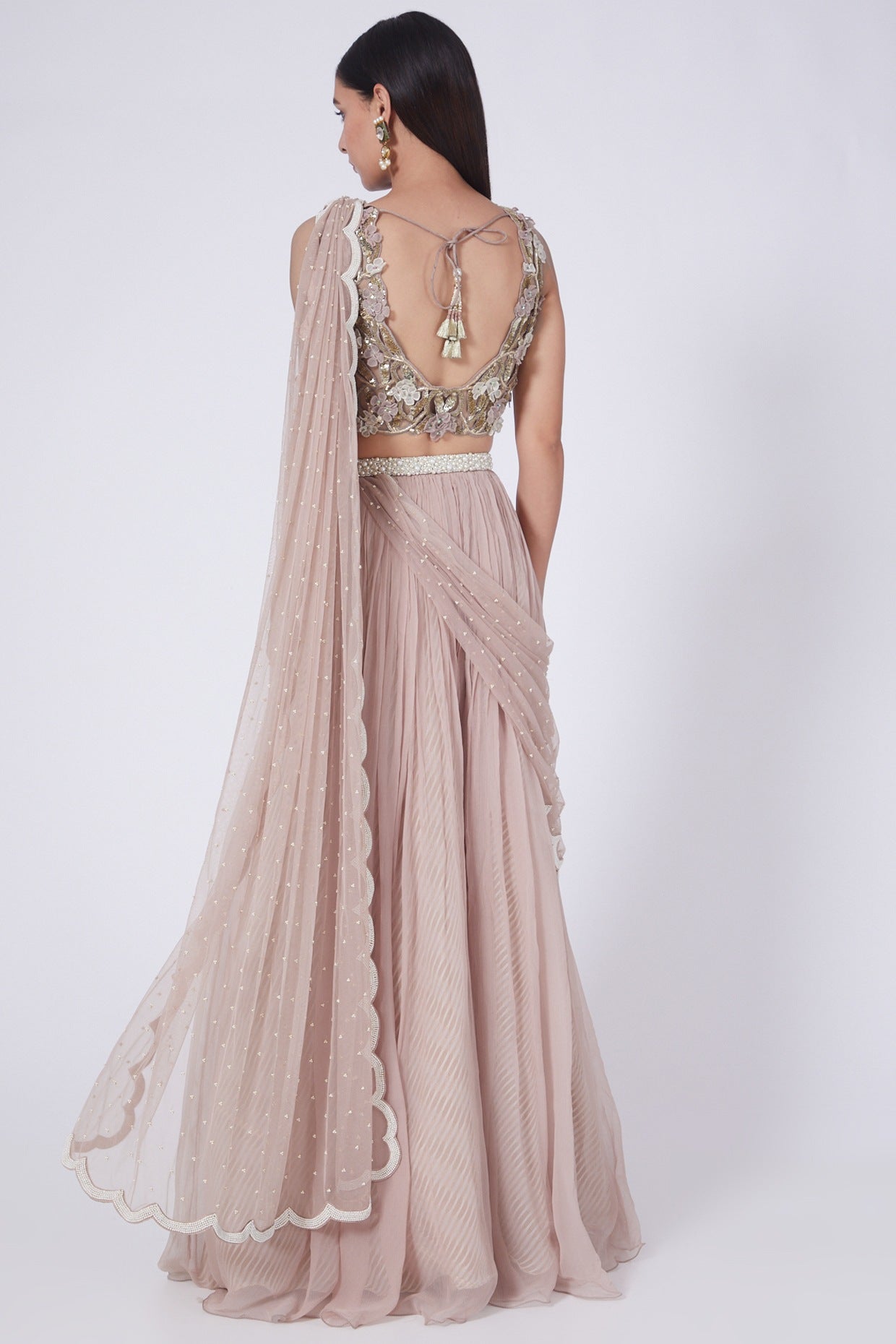 Dusty Mauve 3D Floral Appliqué Bustier & Pre-Draped Lehenga Saree