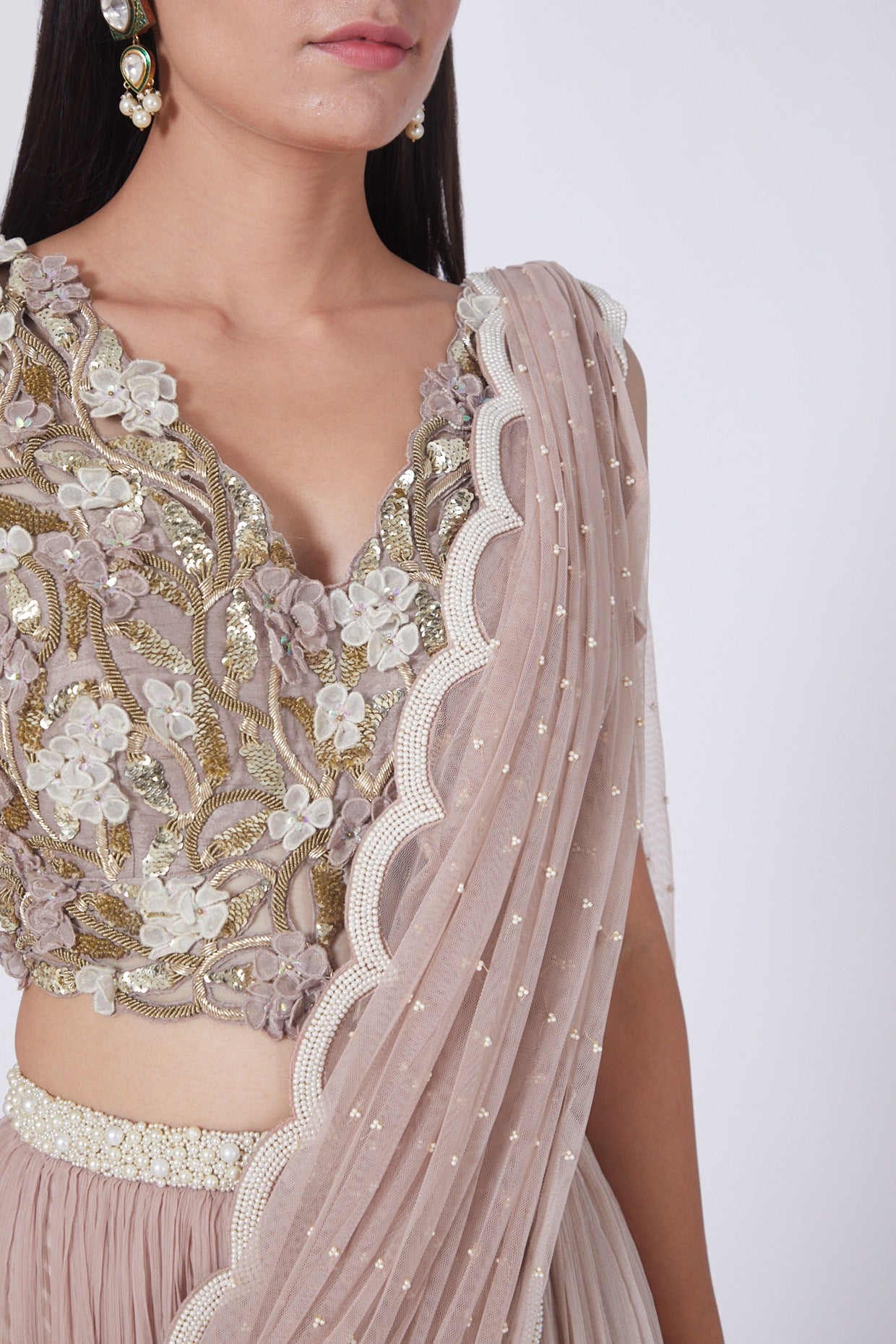 Dusty Mauve 3D Floral Appliqué Bustier & Pre-Draped Lehenga Saree