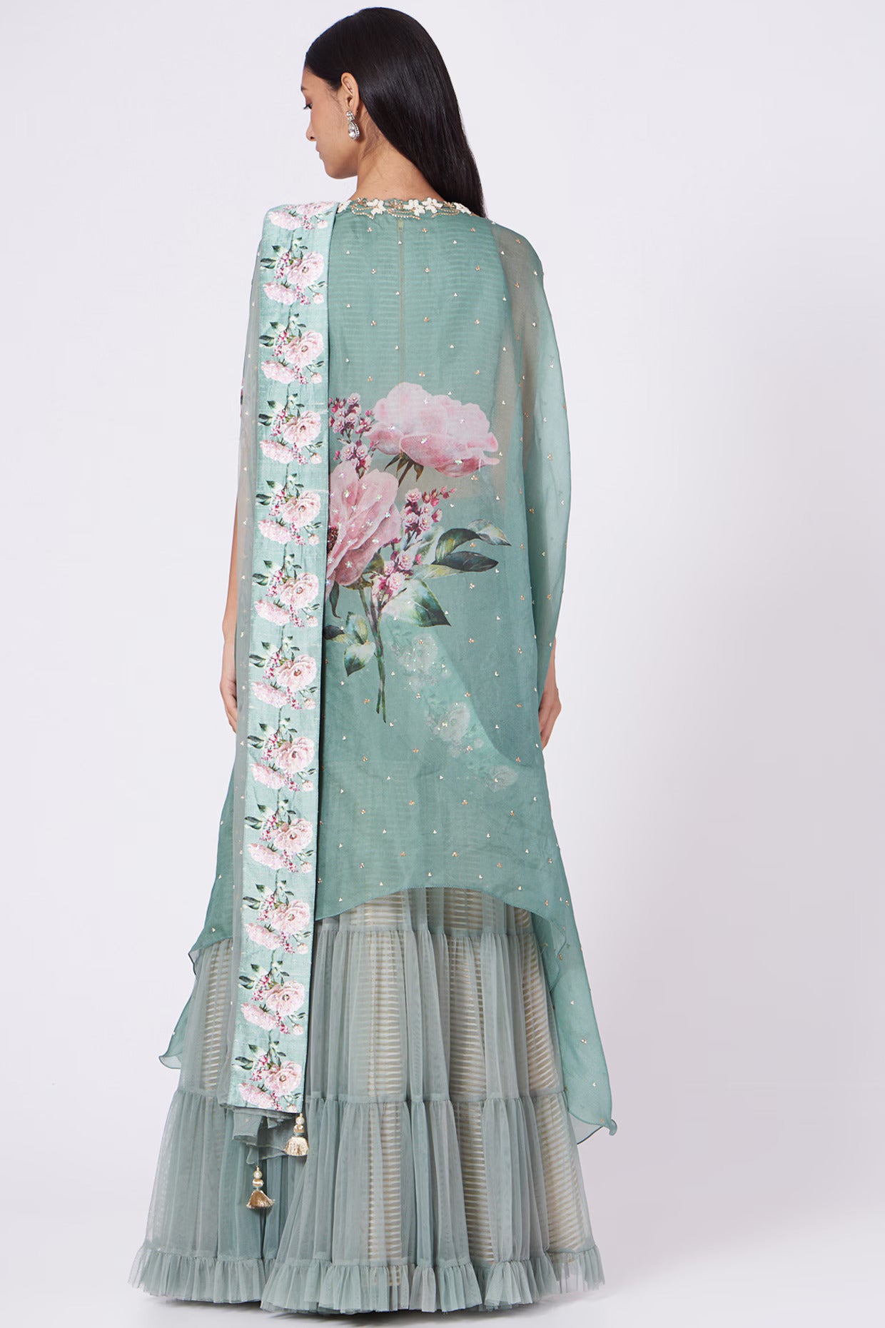 Dusty Green Floral Print Cape & Sharara Set