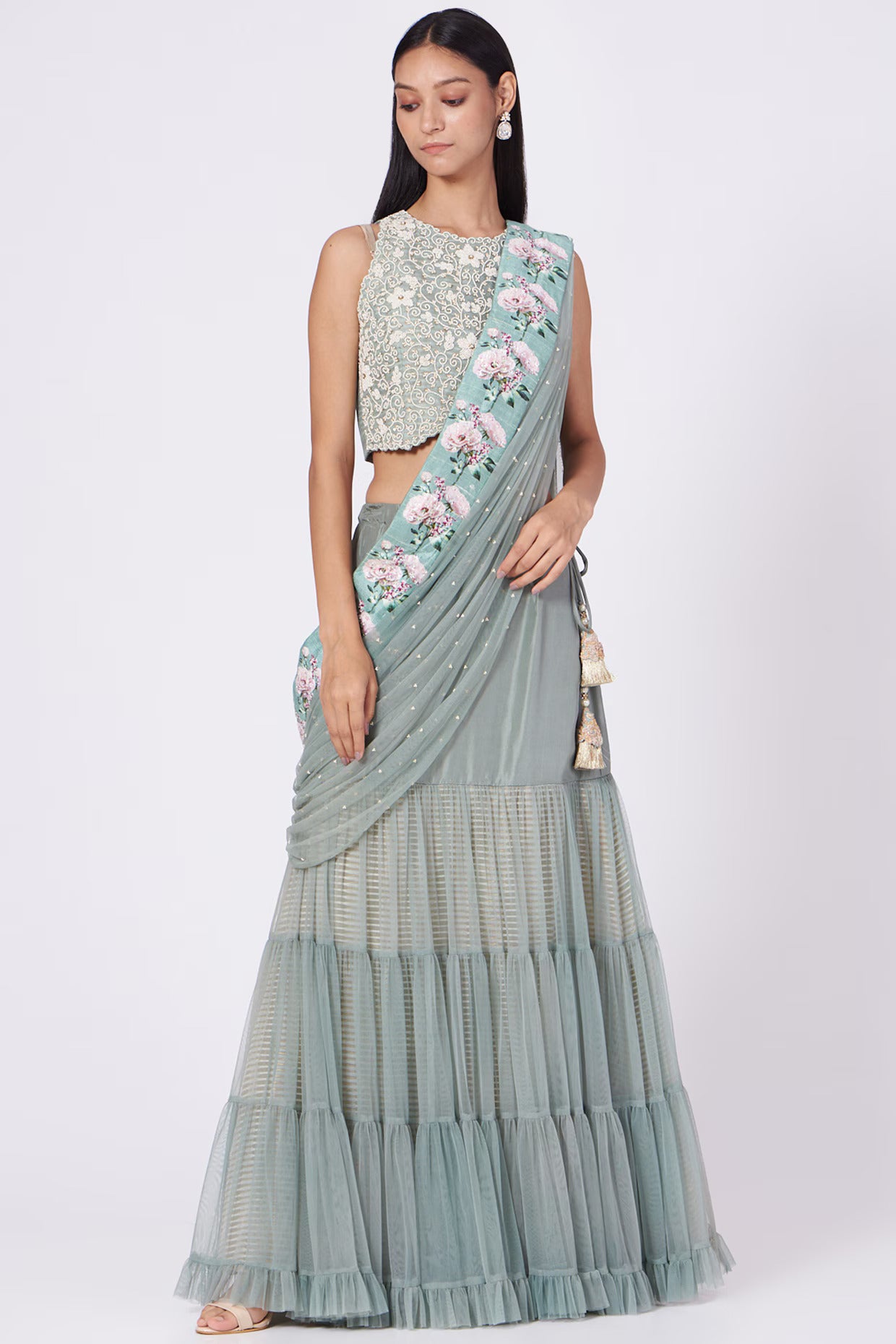 Dusty Green Floral Print Cape & Sharara Set