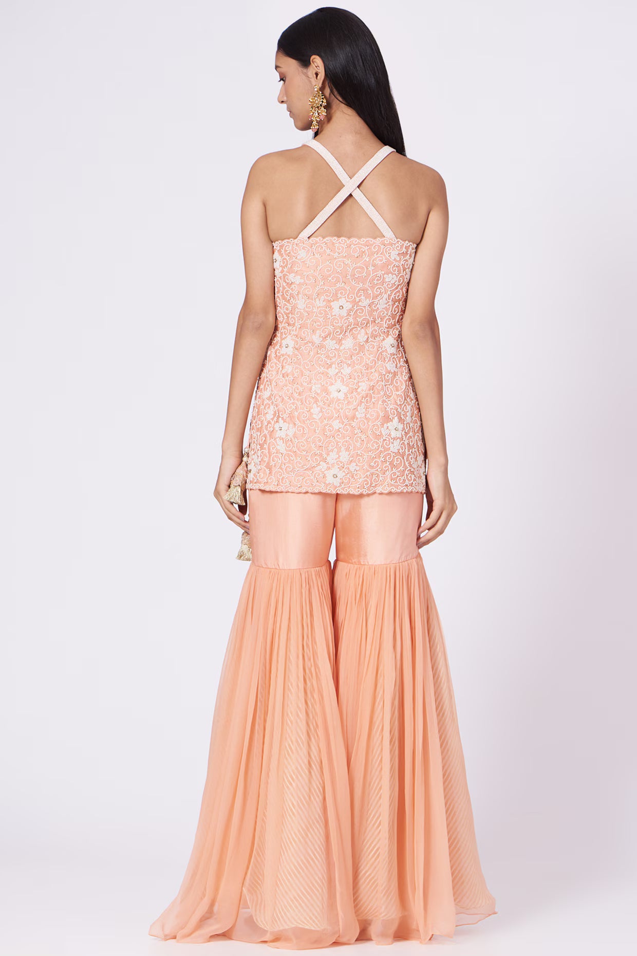 Soft Peach Jaal Embroidered Strappy Kurta & Sharara Set