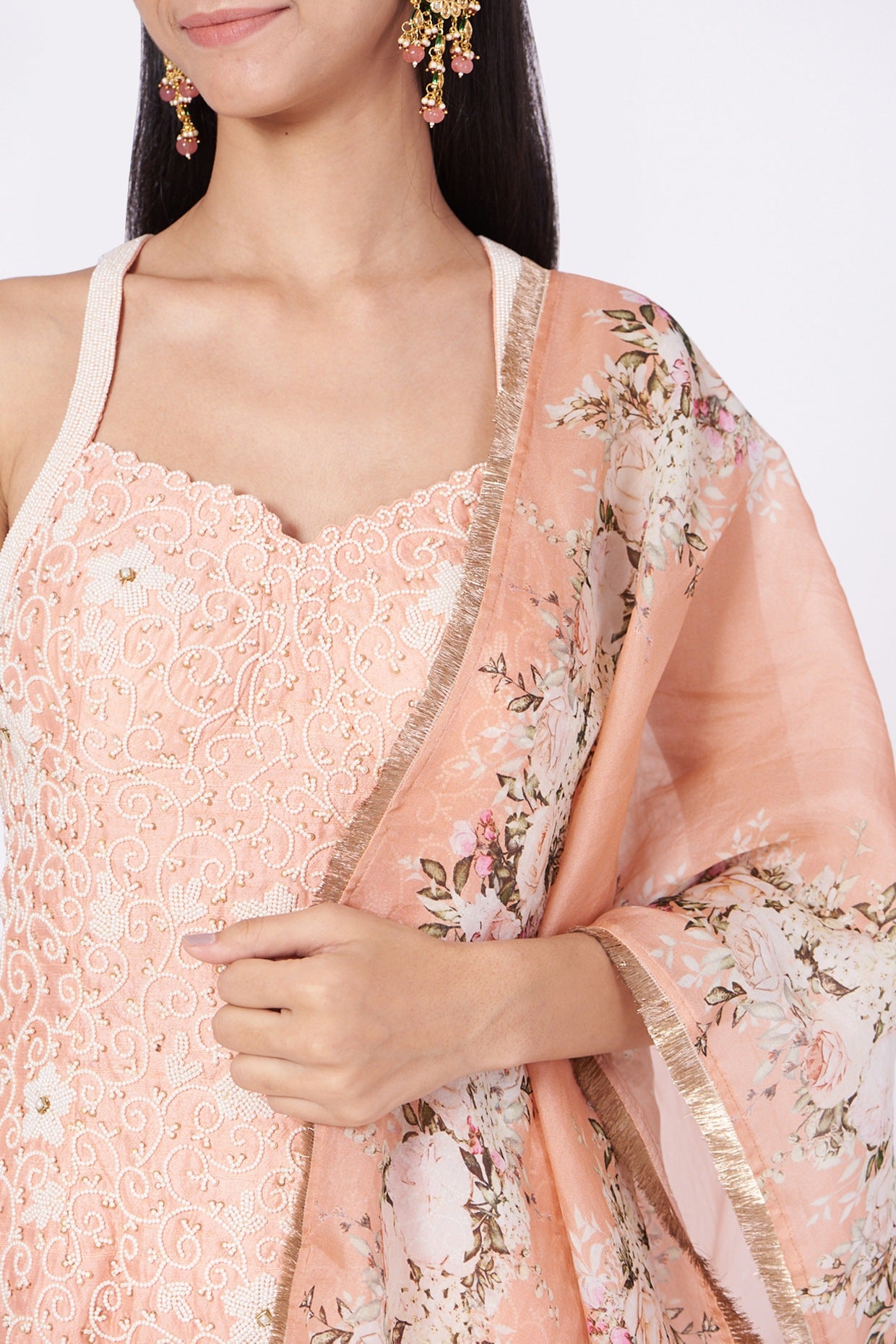 Soft Peach Jaal Embroidered Strappy Kurta & Sharara Set