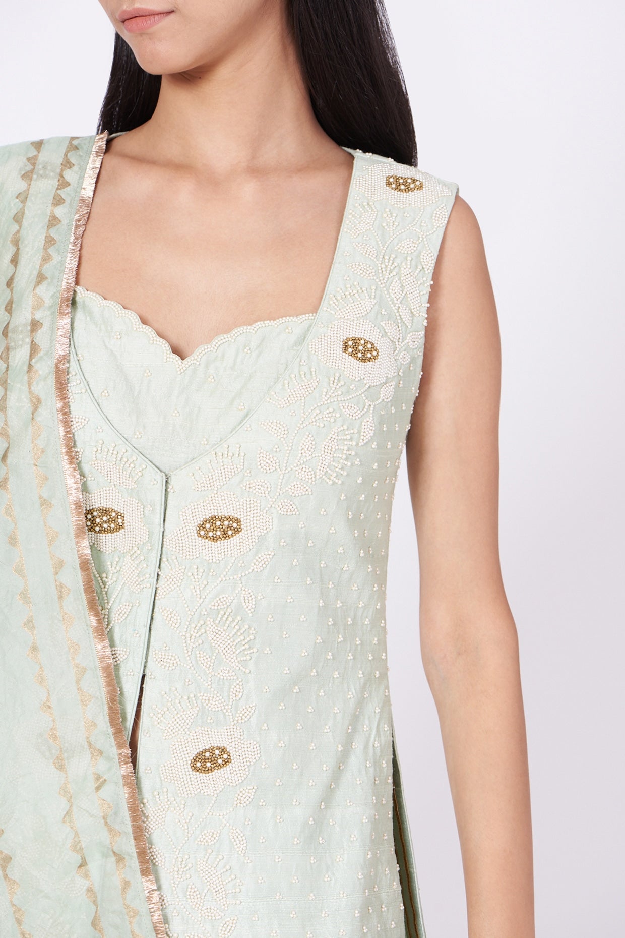 Pale Mint Embroidered Front-Slit Kurta & Palazzo Set