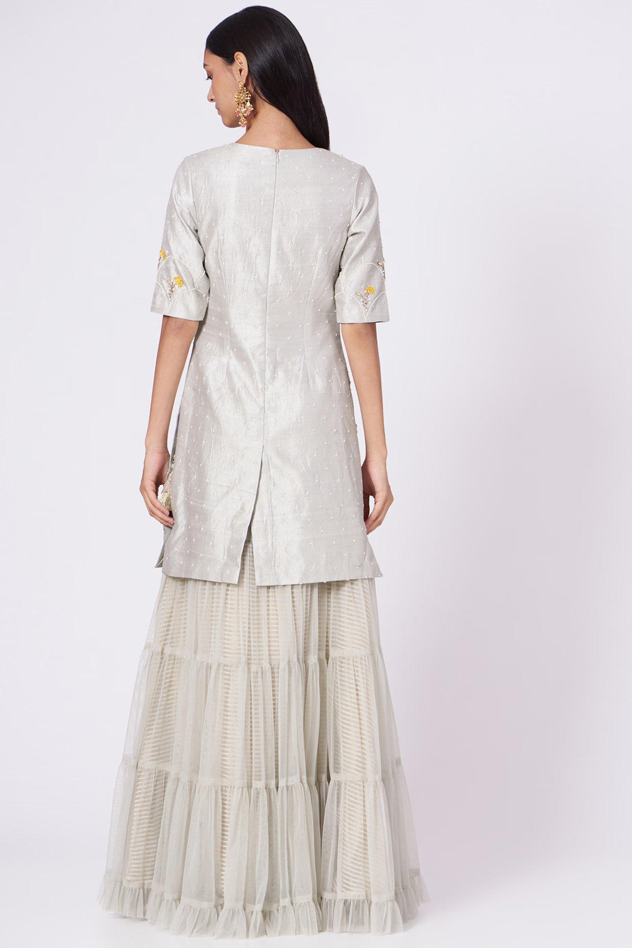 Dove Grey Scalloped Kurta & Tiered Sharara Set