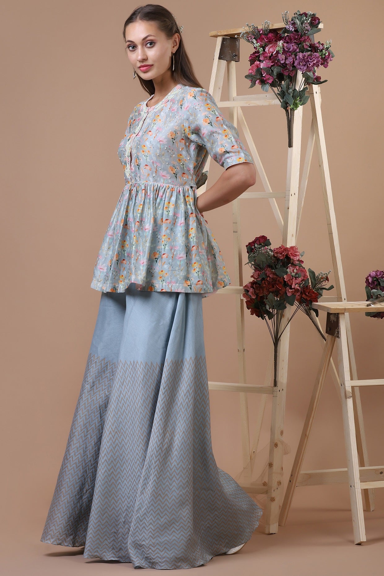 Powder Blue Floral Peplum & Brocade Palazzo Set