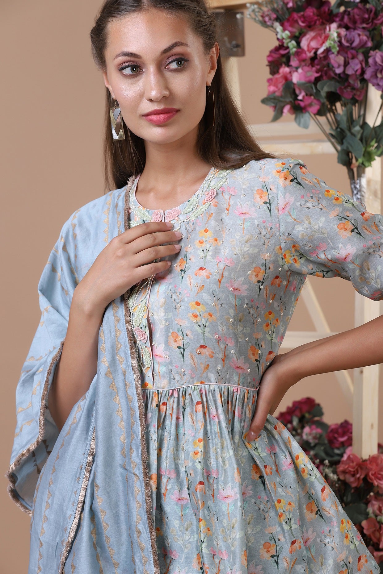 Powder Blue Floral Peplum & Brocade Palazzo Set