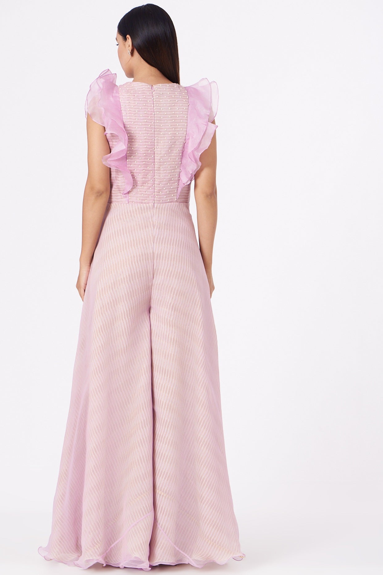 Soft Lilac Ruffled Bodice Flared Jumpsuit with Botanical Print