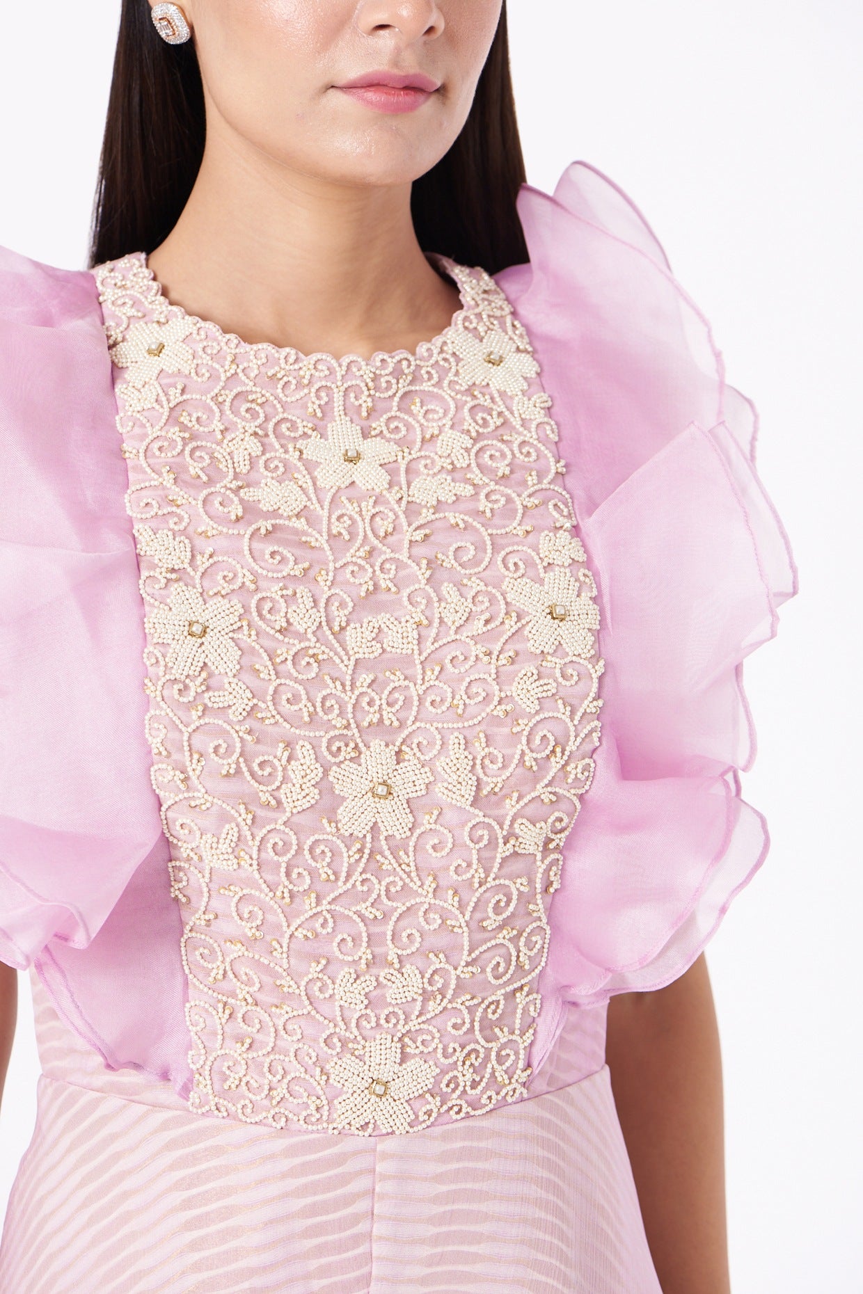 Soft Lilac Ruffled Bodice Flared Jumpsuit with Botanical Print