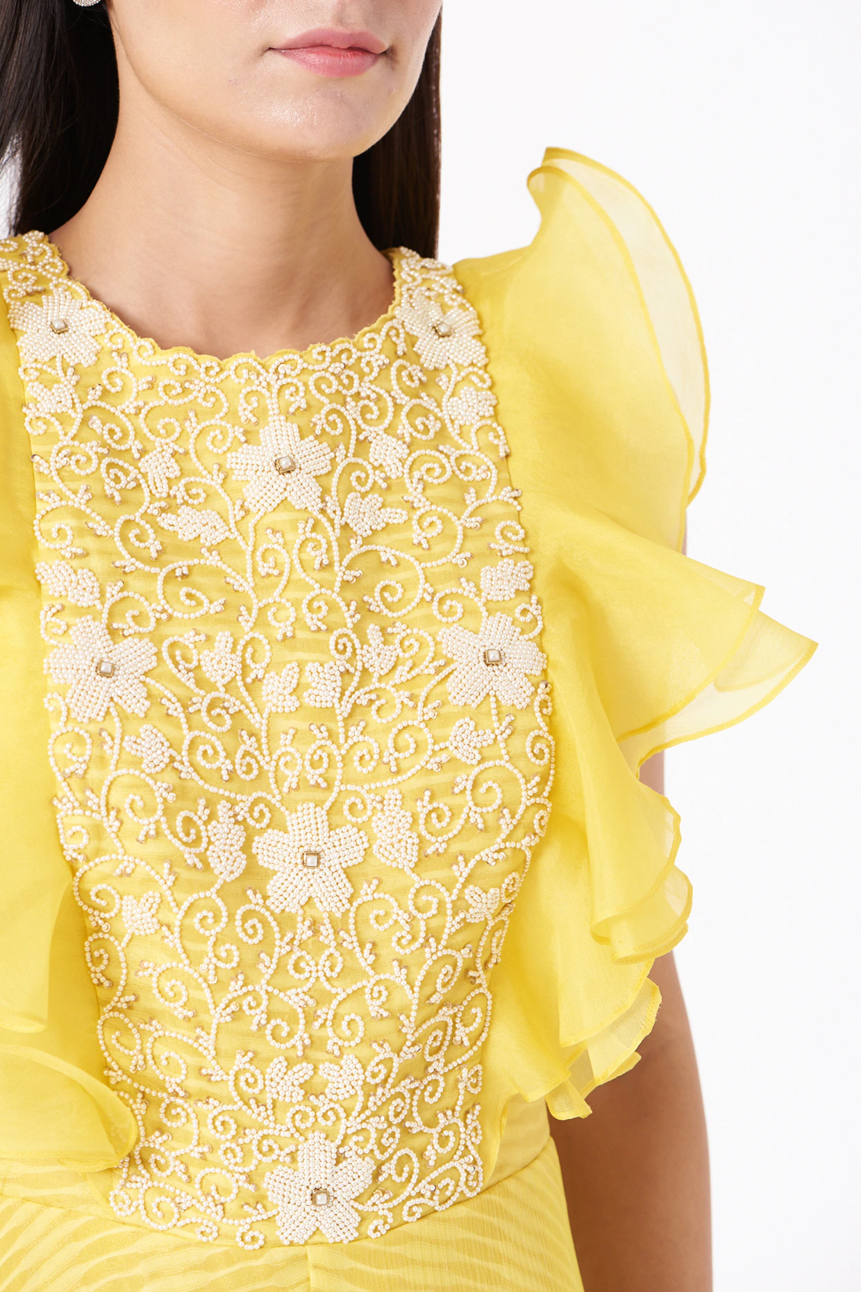 Lemon Yellow Ruffled Bodice Flared Jumpsuit with Botanical Print