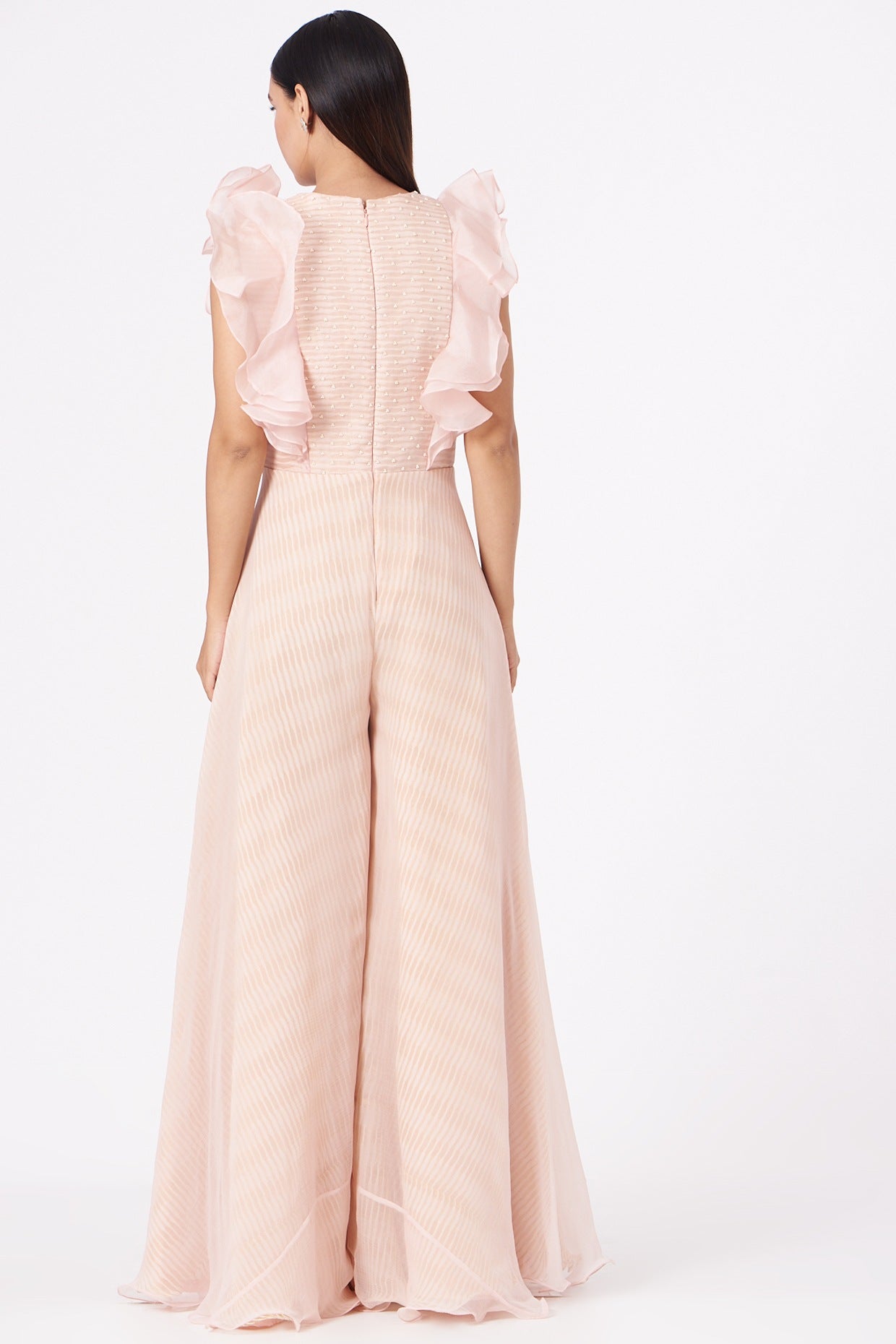 Blush Rose Ruffled Bodice Flared Jumpsuit with Botanical Print