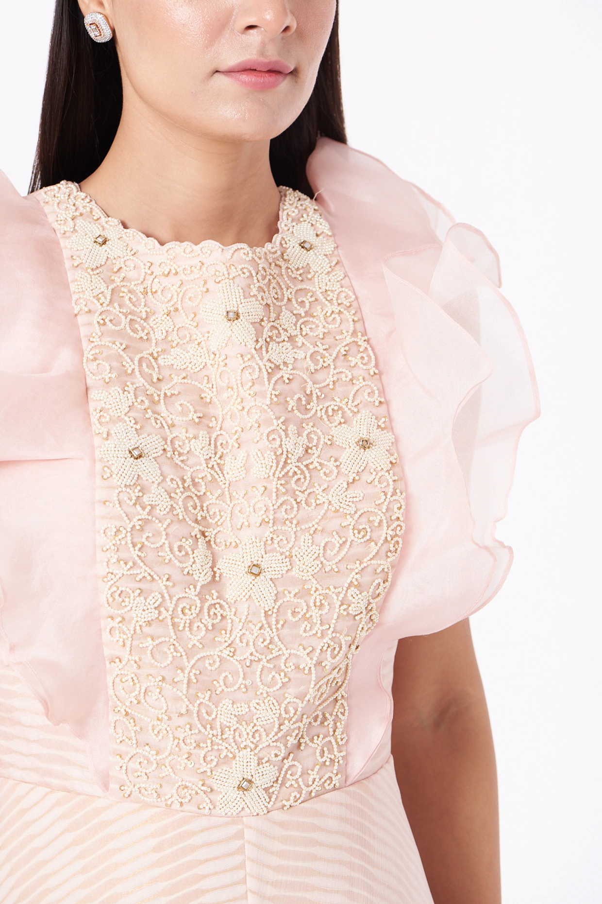 Blush Rose Ruffled Bodice Flared Jumpsuit with Botanical Print