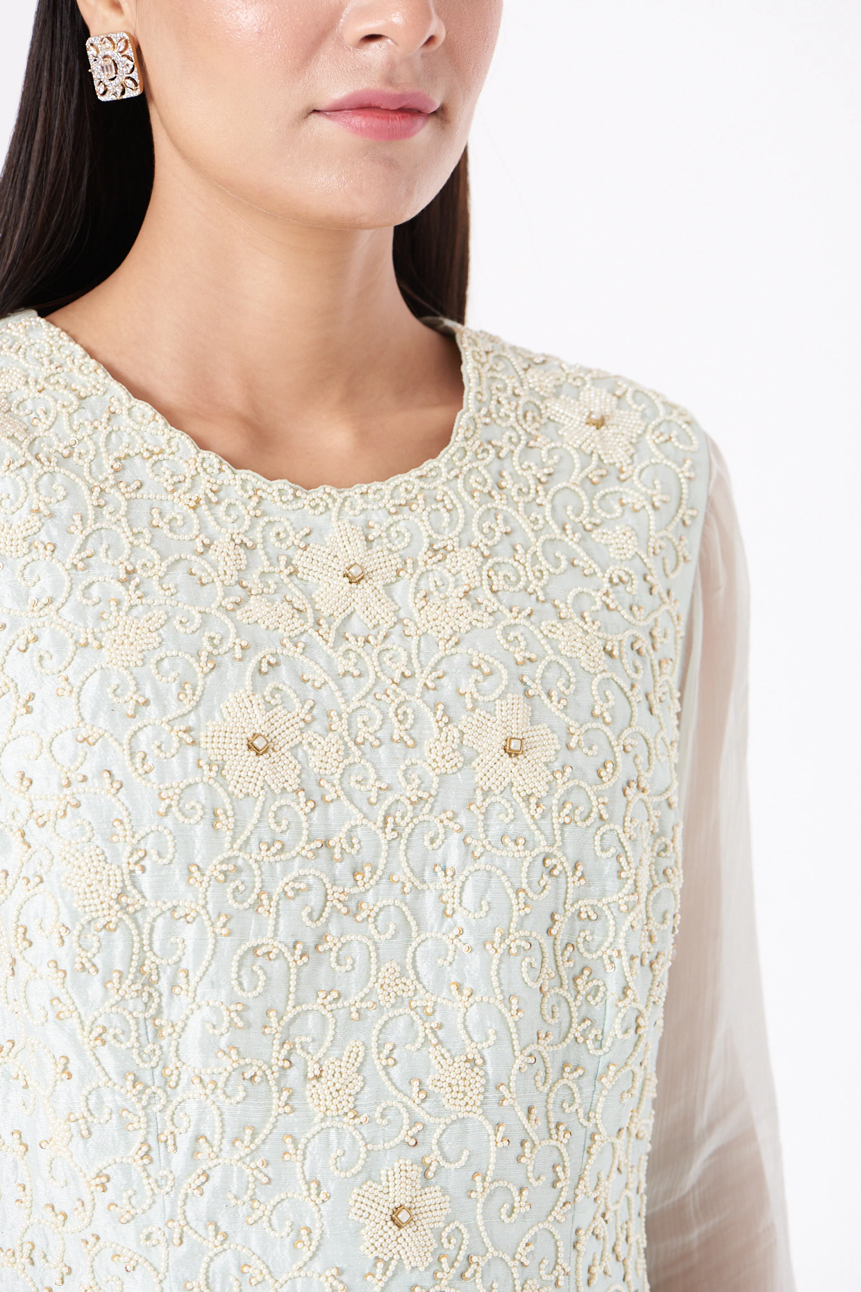 Icy Mint Jaal Embroidered Kurta & Tiered Sharara Set with Floral Dupatta