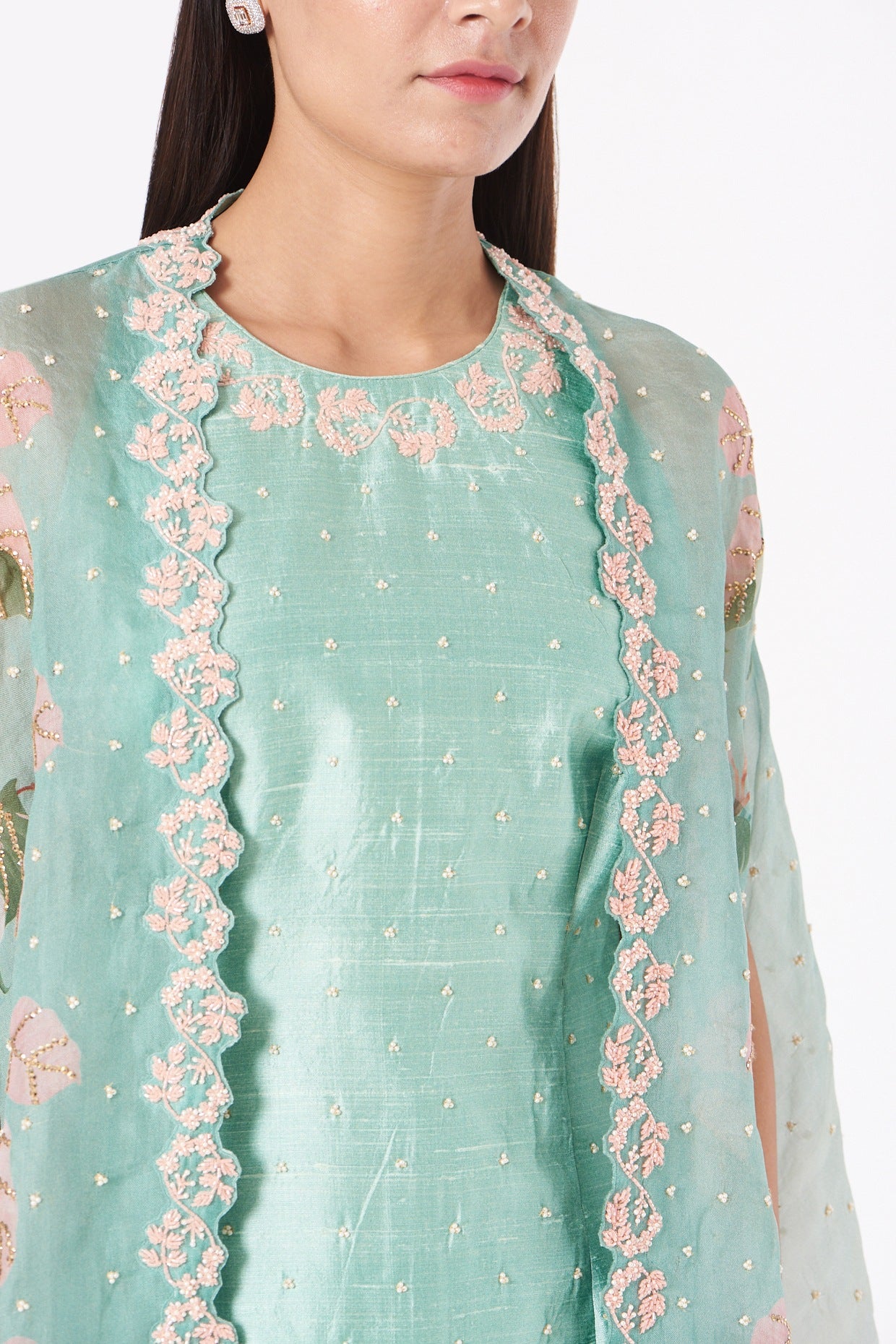 Mint Aqua Botanical Cape & Tiered Sharara Fusion Set