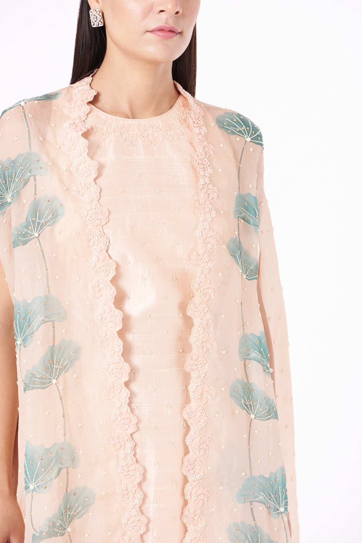 Pastel Peach Botanical Cape & Tiered Sharara Fusion Set