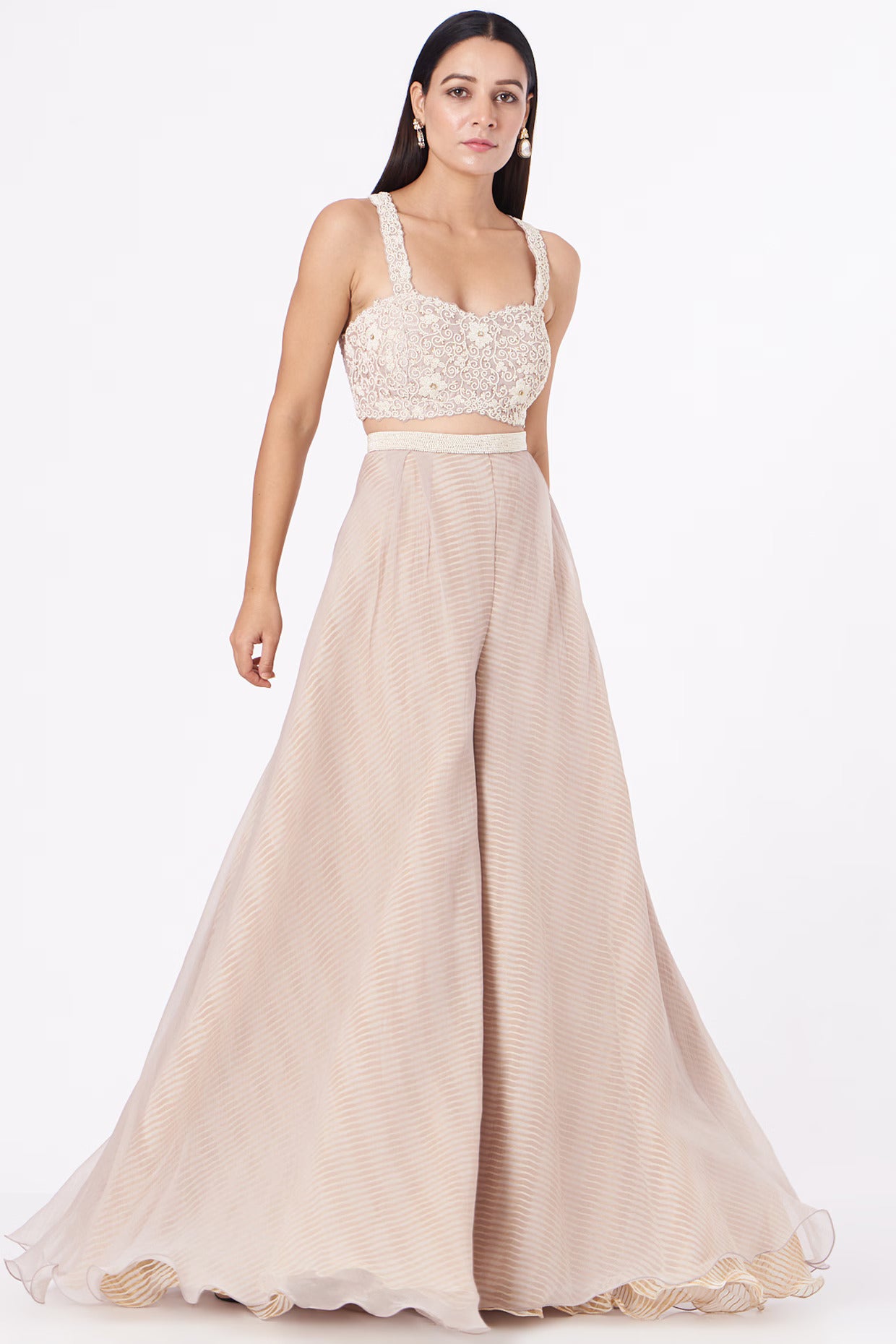 Dusty Sage Floral Cape & Champagne Flared Palazzo Set