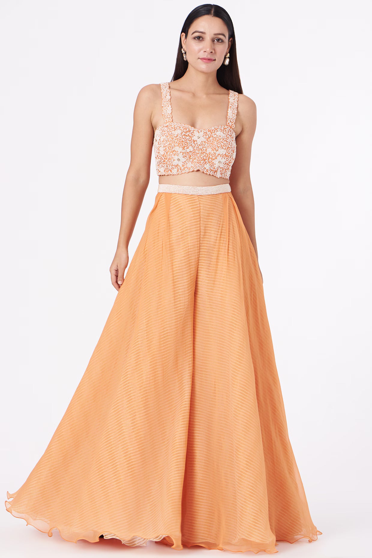 Tangerine Floral Embroidered Cape & Flared Palazzo Fusion Set