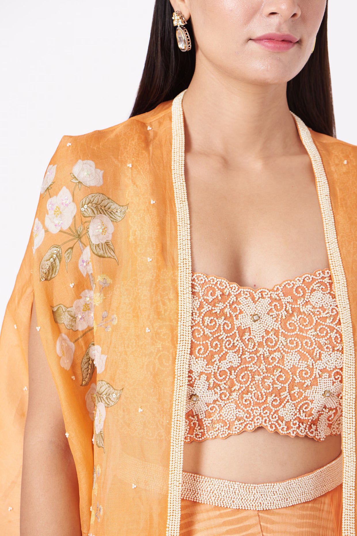 Tangerine Floral Embroidered Cape & Flared Palazzo Fusion Set