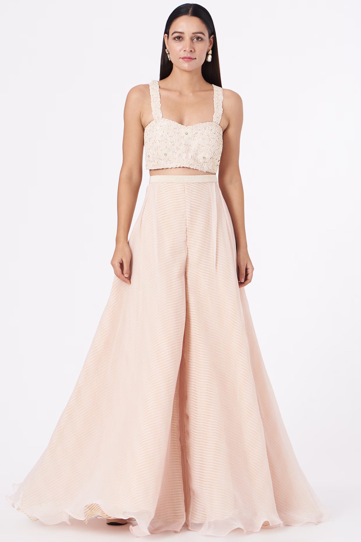 Blush Rose Floral Embroidered Cape & Flared Palazzo Set