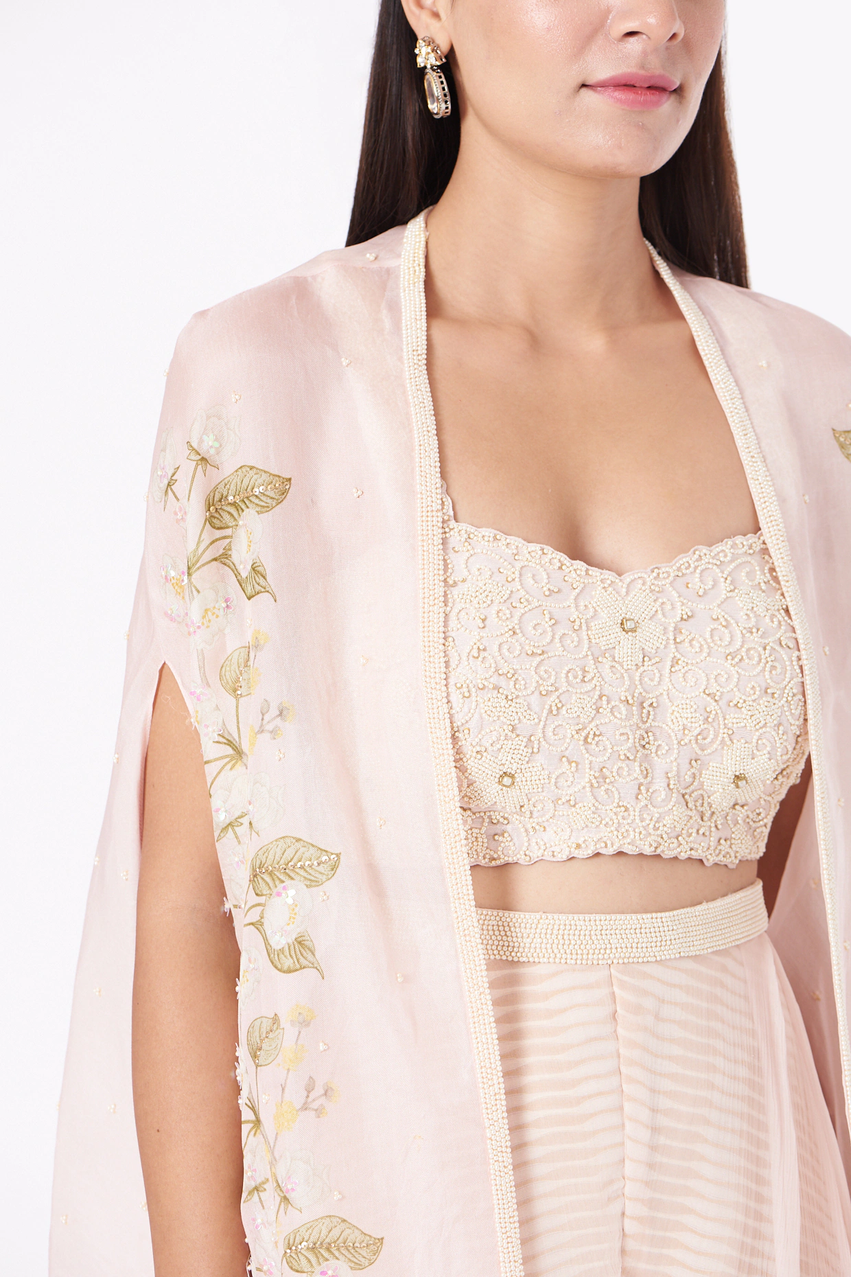 Blush Rose Floral Embroidered Cape & Flared Palazzo Set