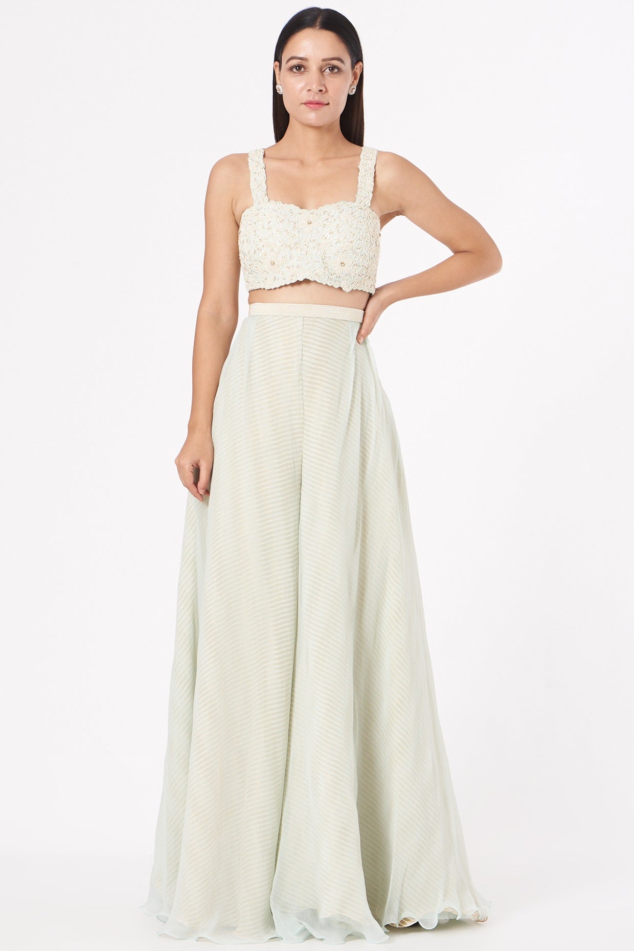 Pistachio Green Botanical Cape & Flared Palazzo Fusion Set