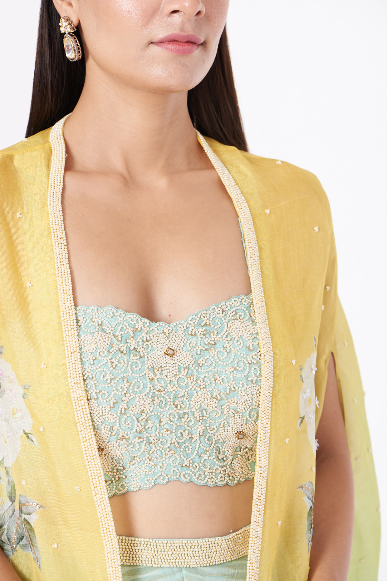 Ombré Citrus Floral Cape & Mint Flared Palazzo Fusion Set