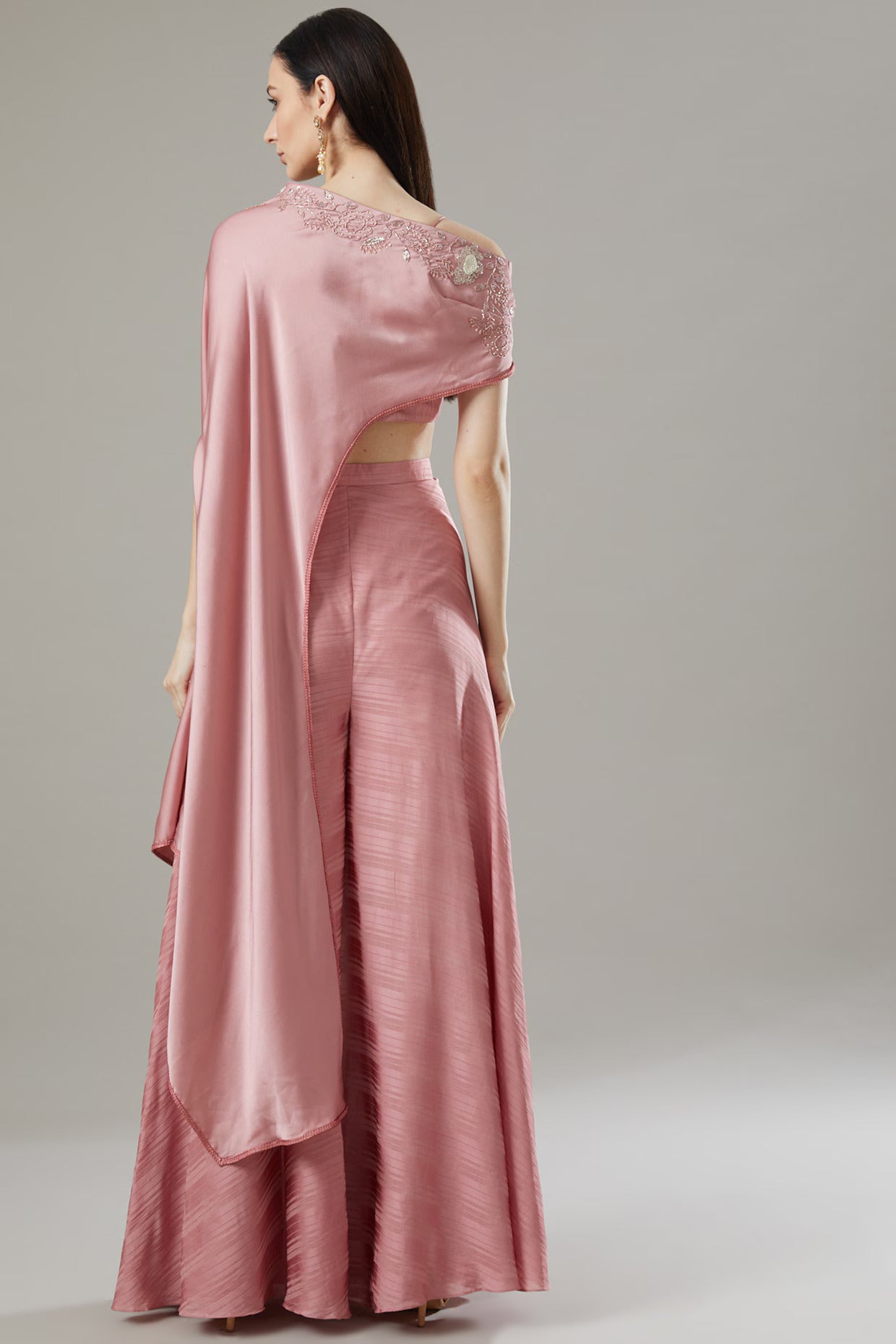 Antique Pink Chanderi Silk Off-Shoulder Cape Set