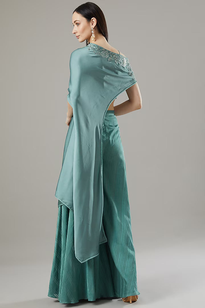 Teal Green Satin Off-Shoulder Cape Set