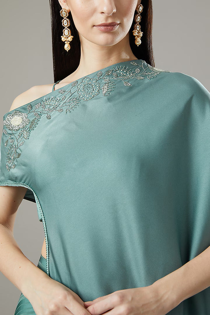 Teal Green Satin Off-Shoulder Cape Set