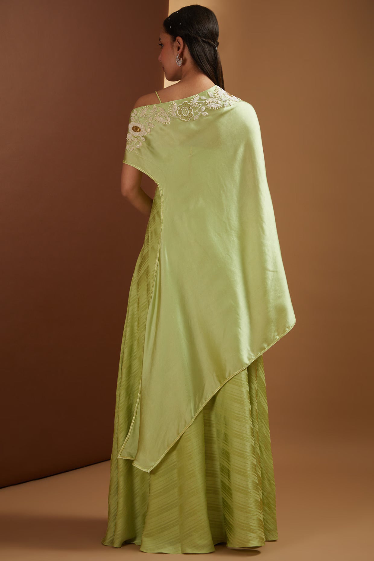 Jade Satin Off-Shoulder Cape Set