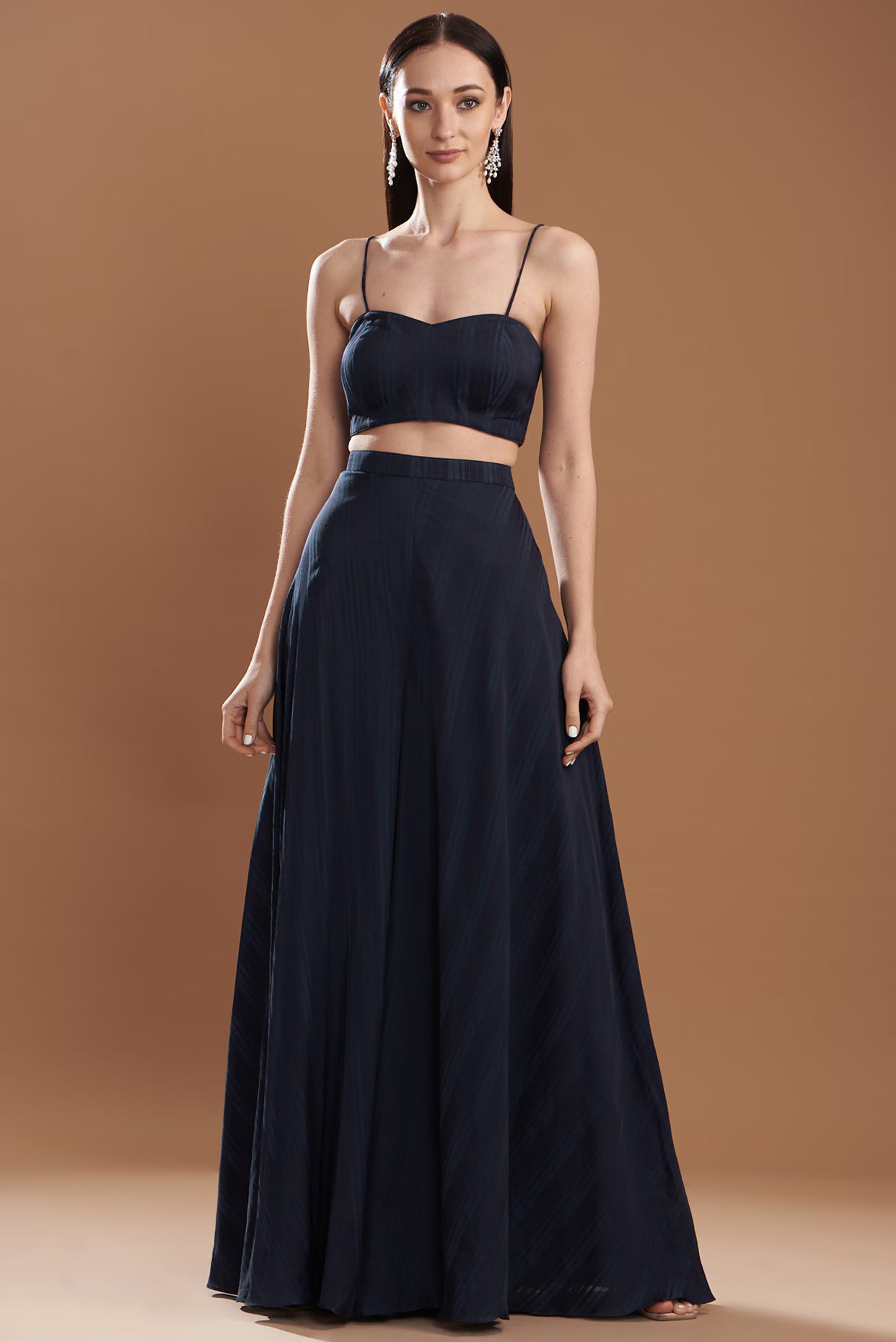 Dark Blue Silk Satin Embroidered Off-Shoulder Cape Set