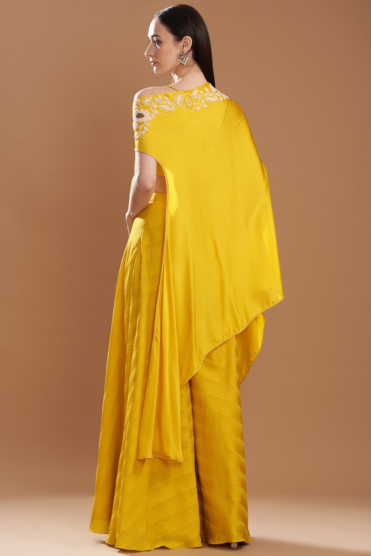 Yellow Silk Satin Embroidered Off-Shoulder Cape Set