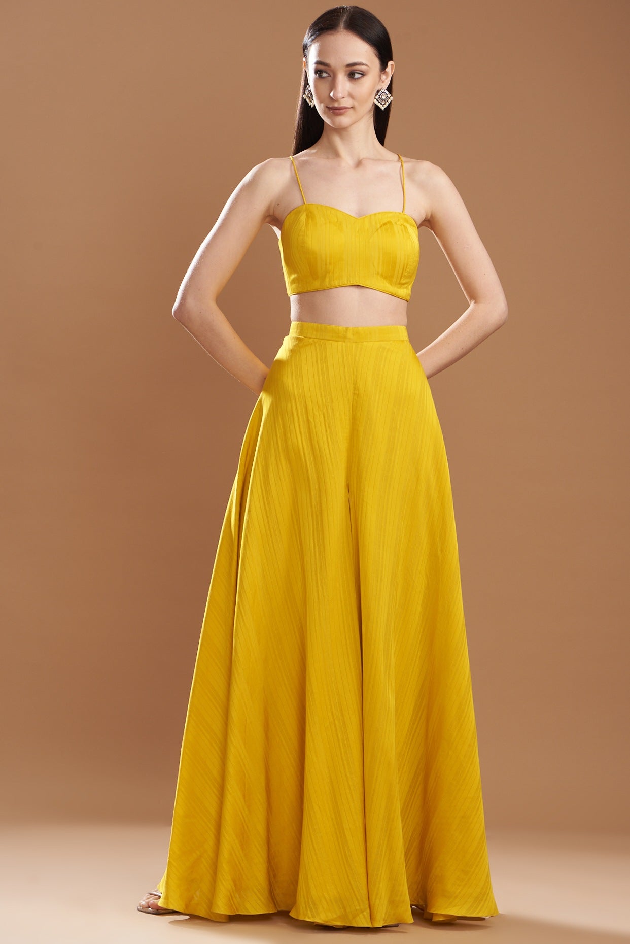 Yellow Silk Satin Embroidered Off-Shoulder Cape Set