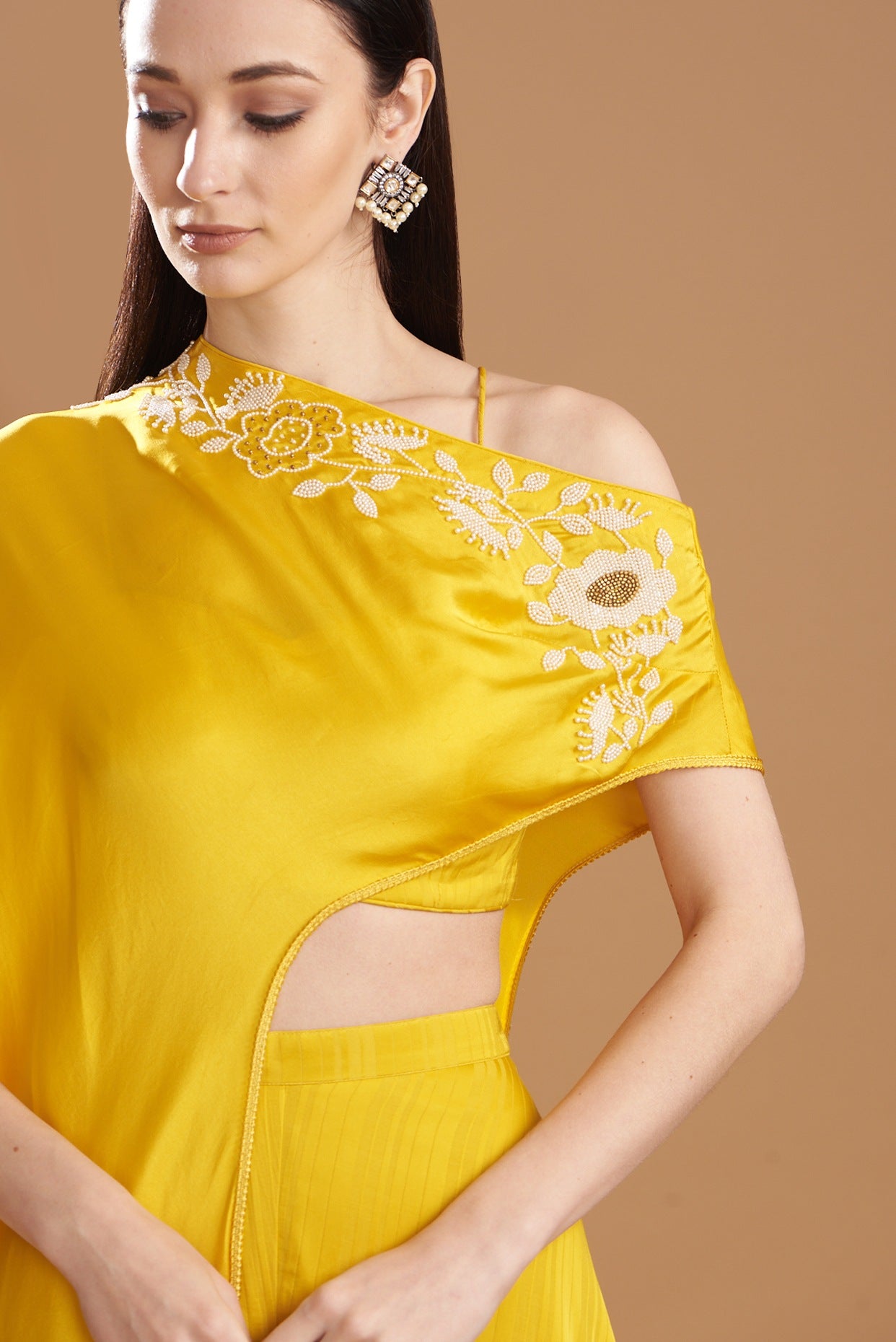 Yellow Silk Satin Embroidered Off-Shoulder Cape Set