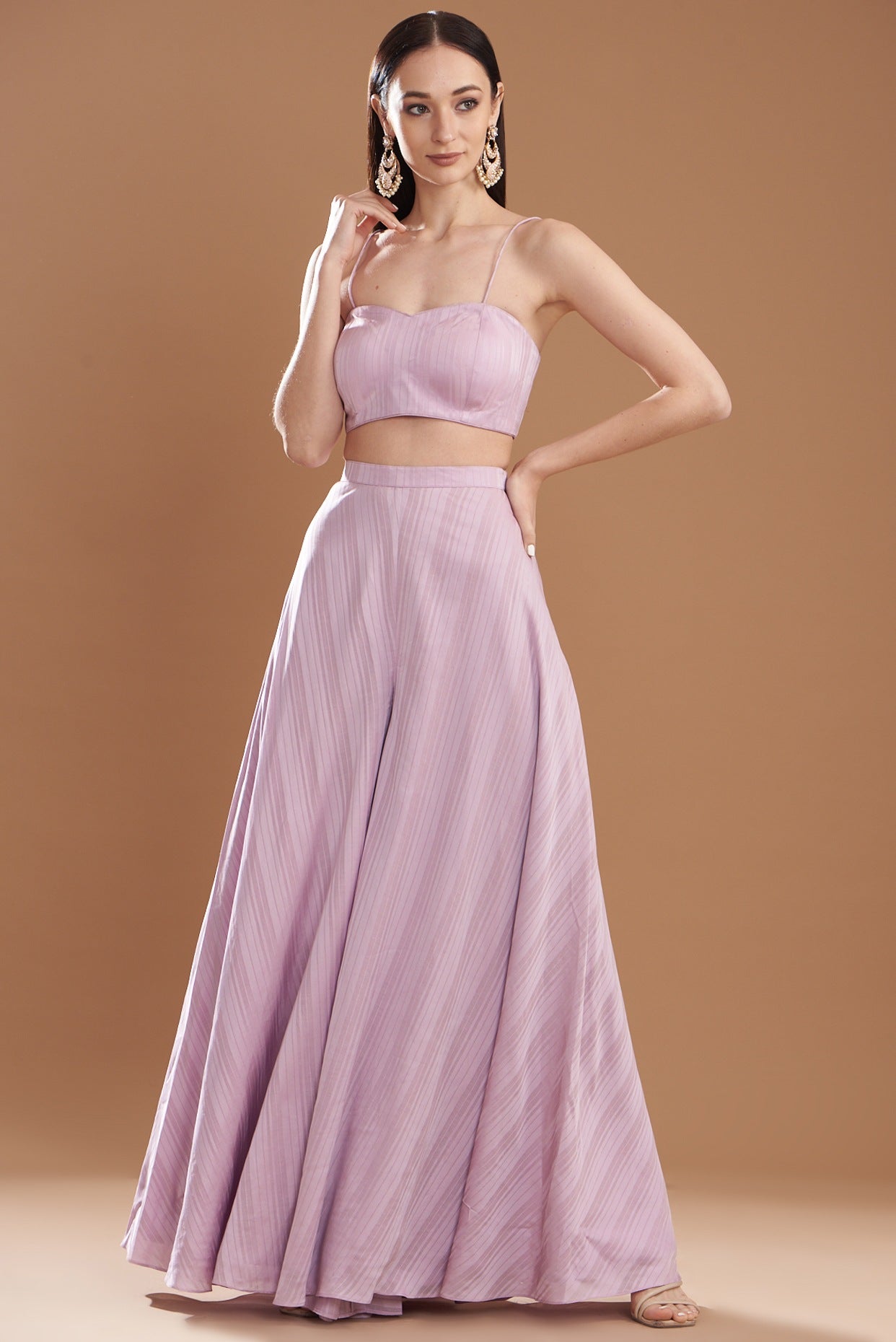 Lilac Silk Satin Embroidered Off-Shoulder Cape Set