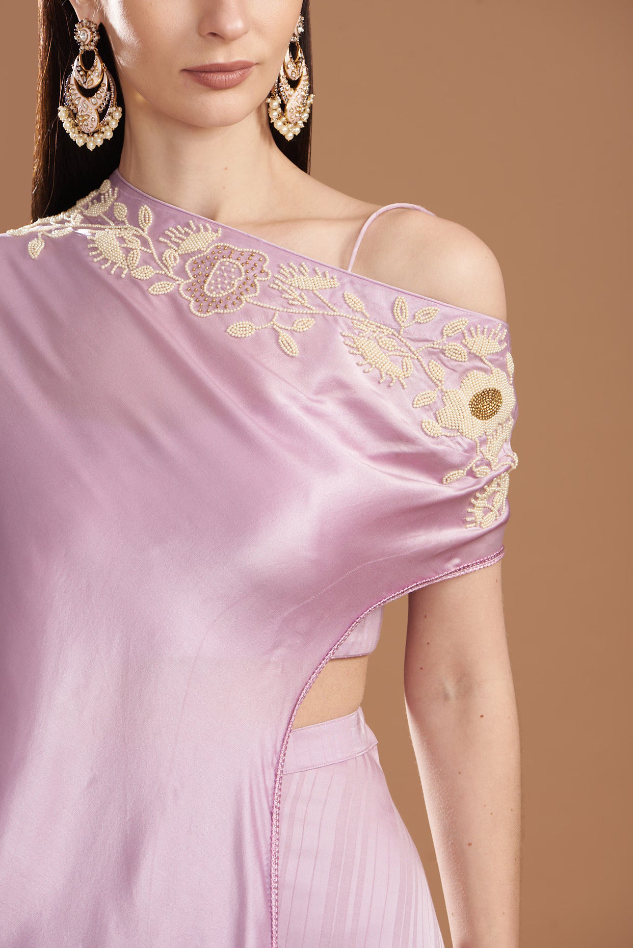 Lilac Silk Satin Embroidered Off-Shoulder Cape Set
