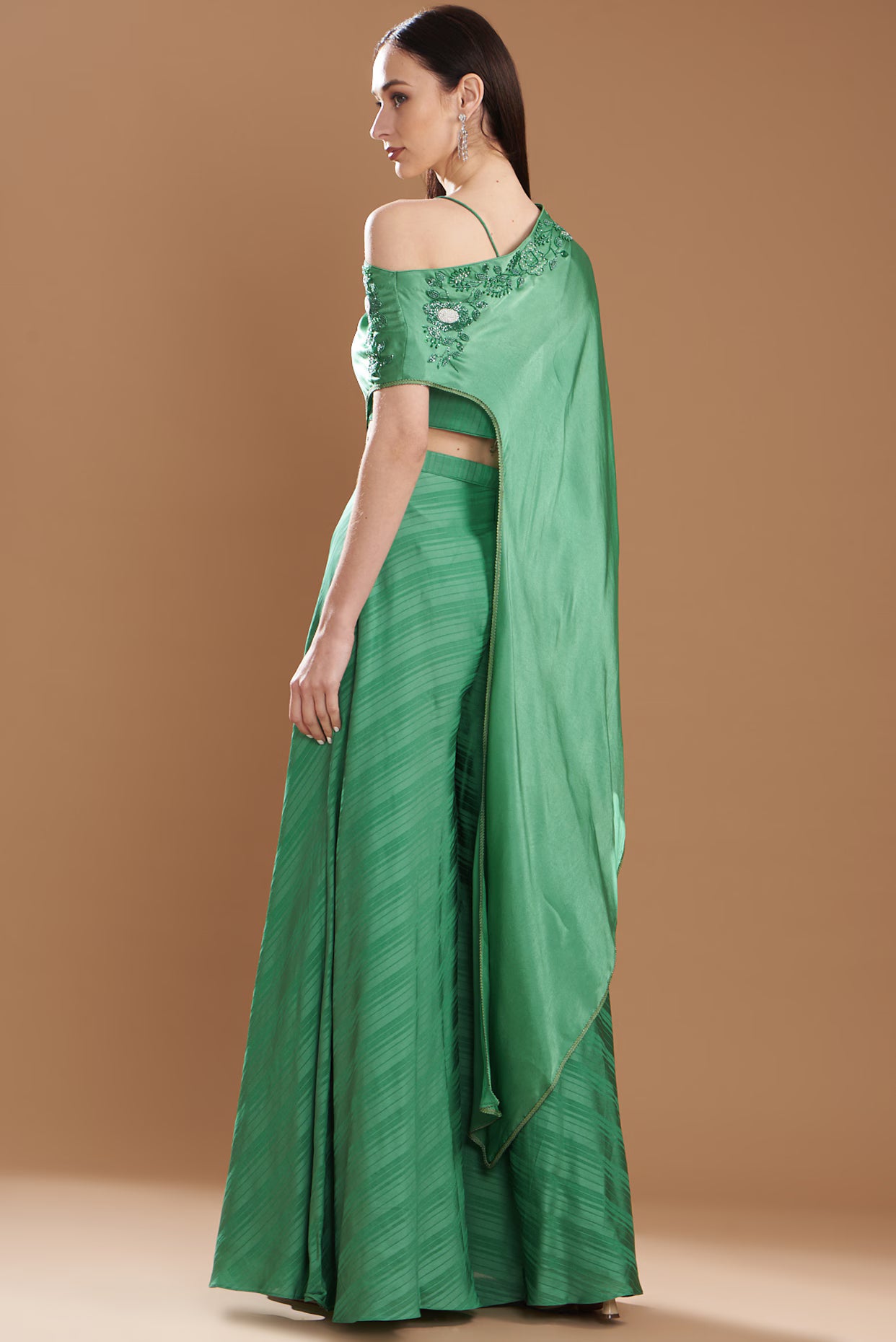 Dark Green Silk Satin Embroidered Off-Shoulder Cape Set