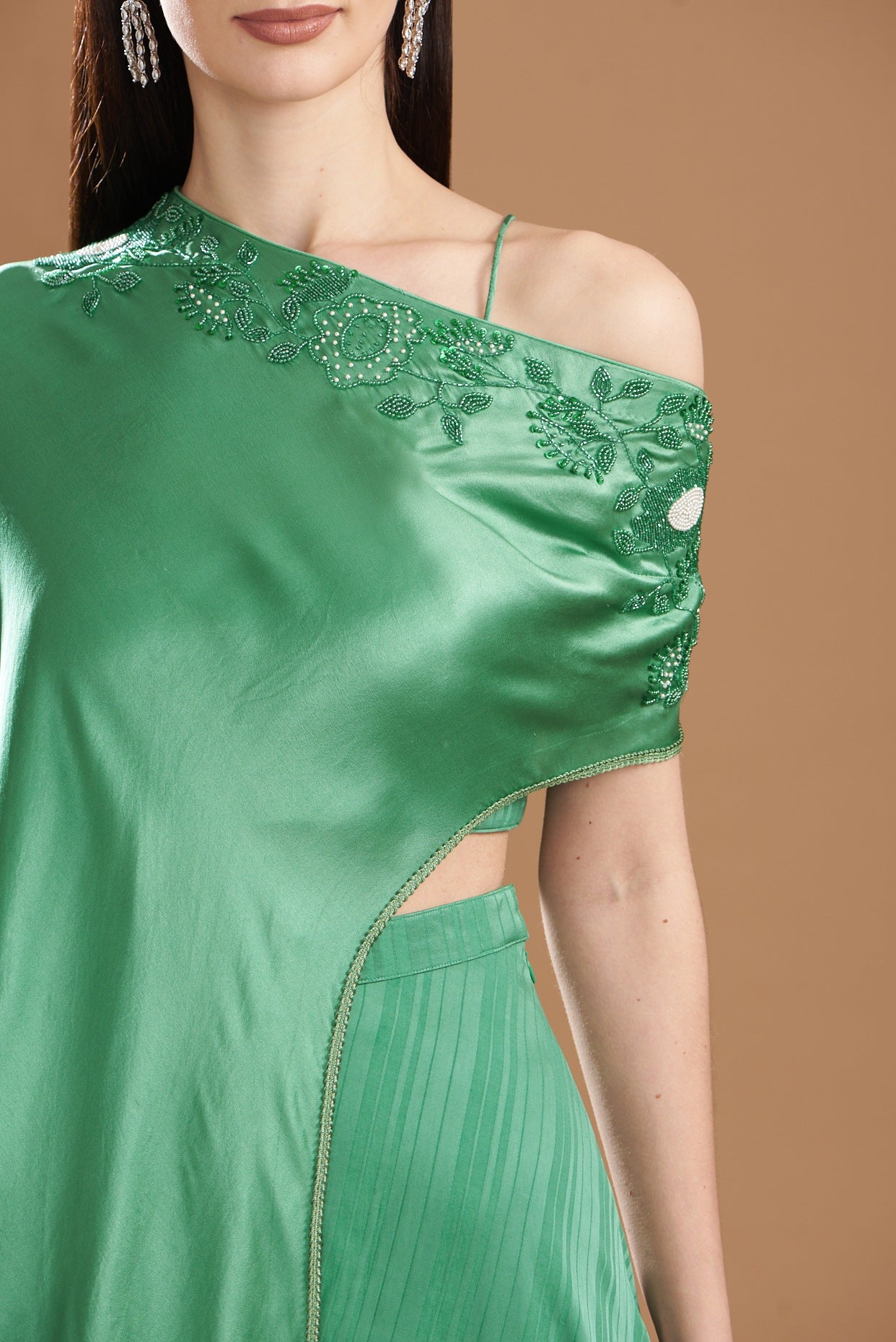 Dark Green Silk Satin Embroidered Off-Shoulder Cape Set