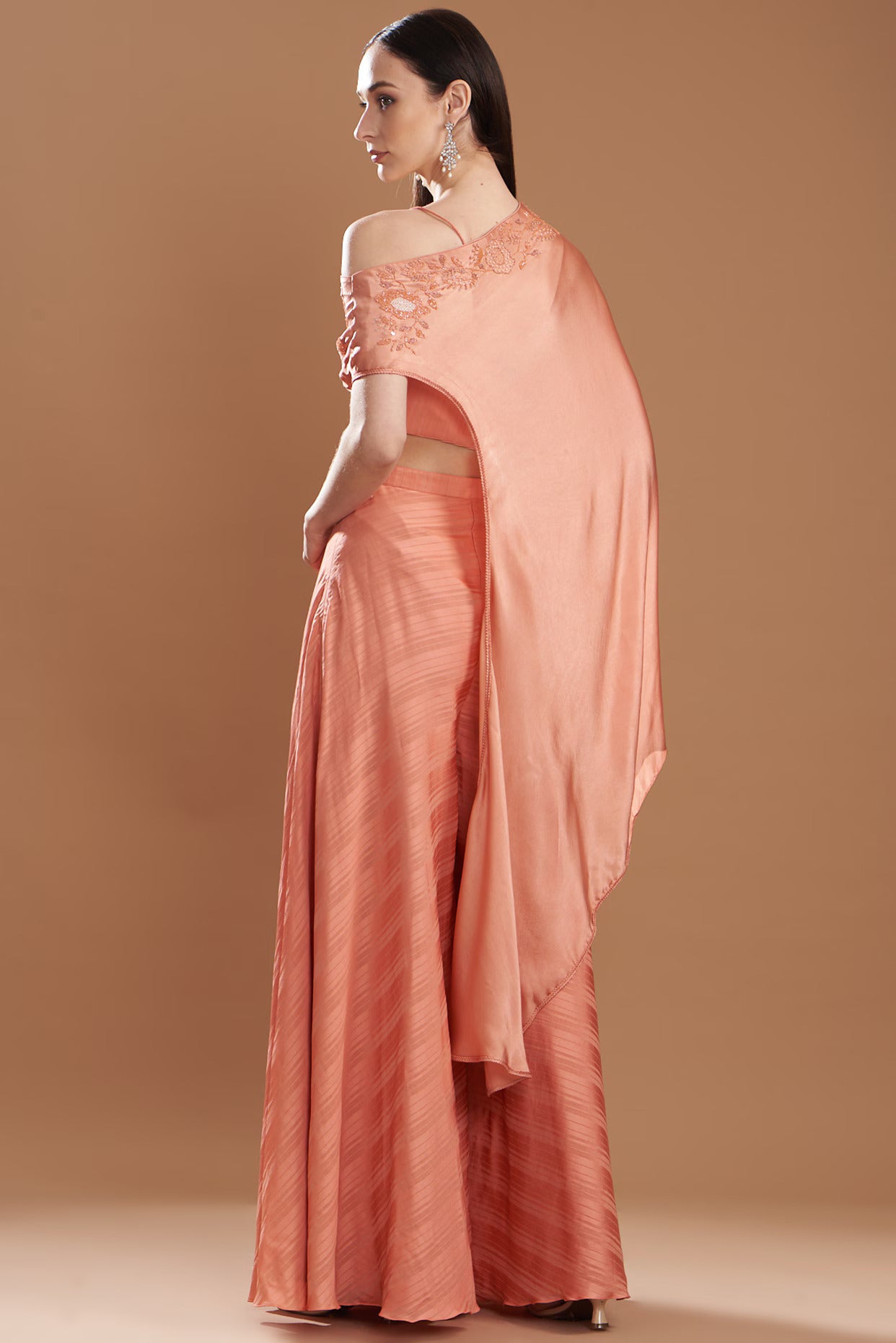 Brick Silk Satin Embroidered Off-Shoulder Cape Set