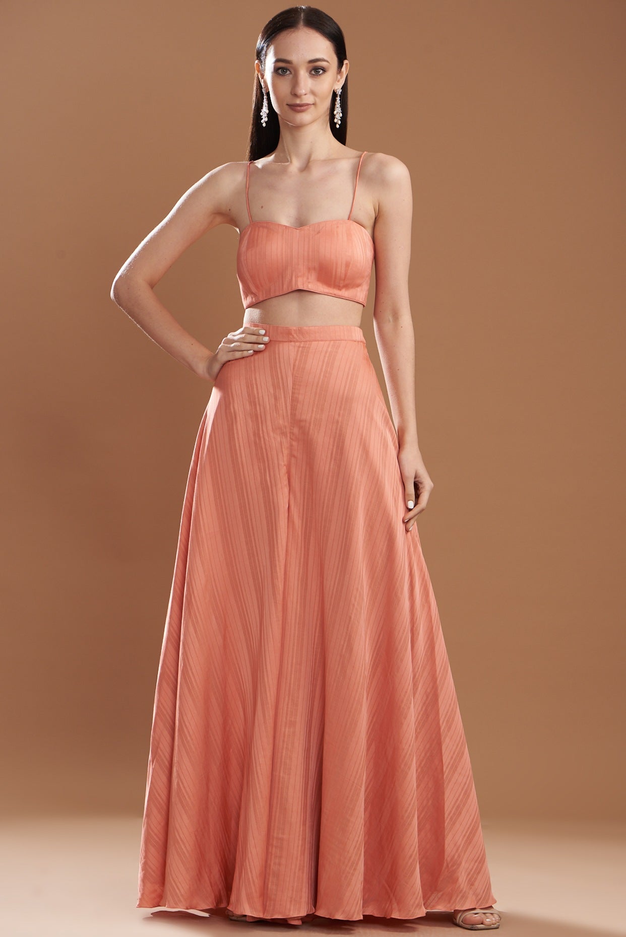 Brick Silk Satin Embroidered Off-Shoulder Cape Set