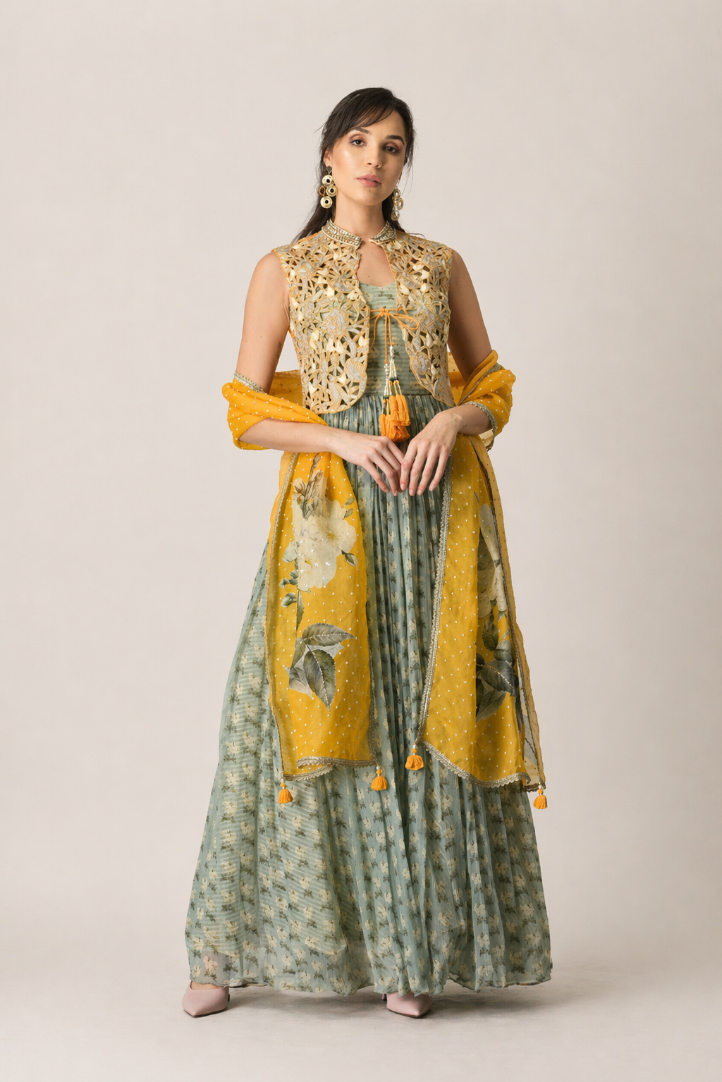 Mustard & Mint Floral Set with Jacket